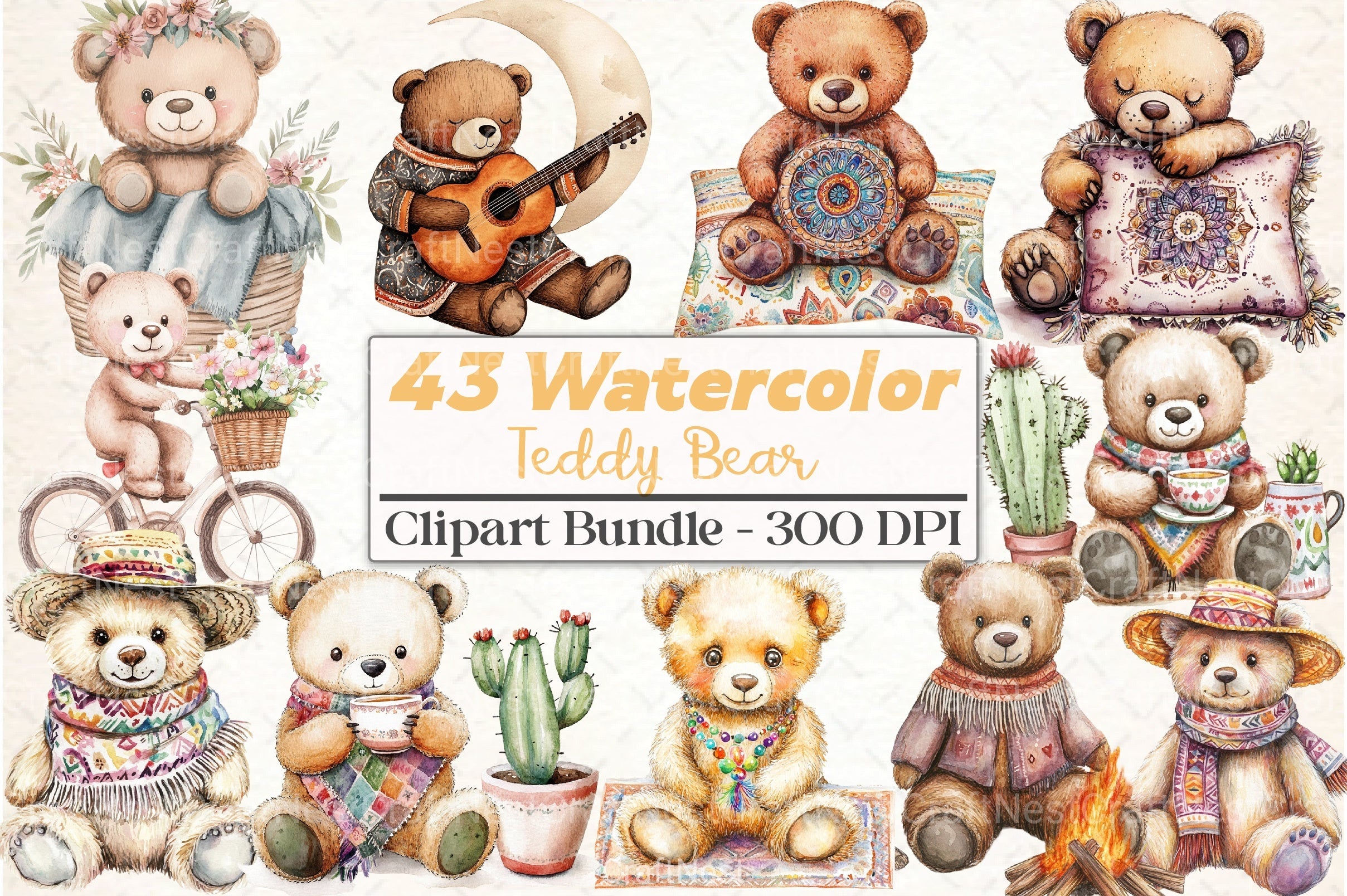 Teddy Bear Boho Clipart Bundle - CraftNest - Digital Crafting and Art