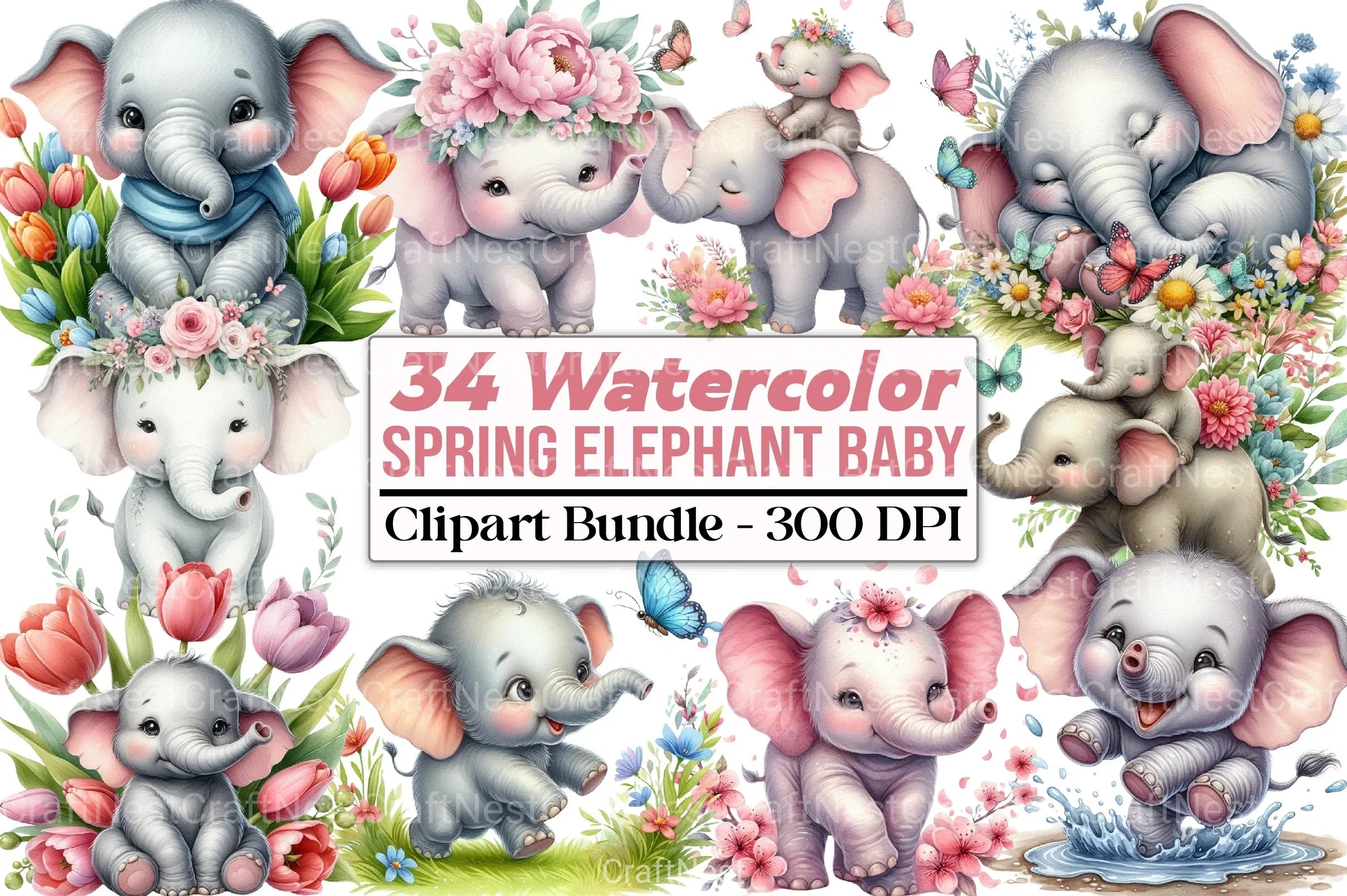 Spring Elephant Baby Clipart Bundle