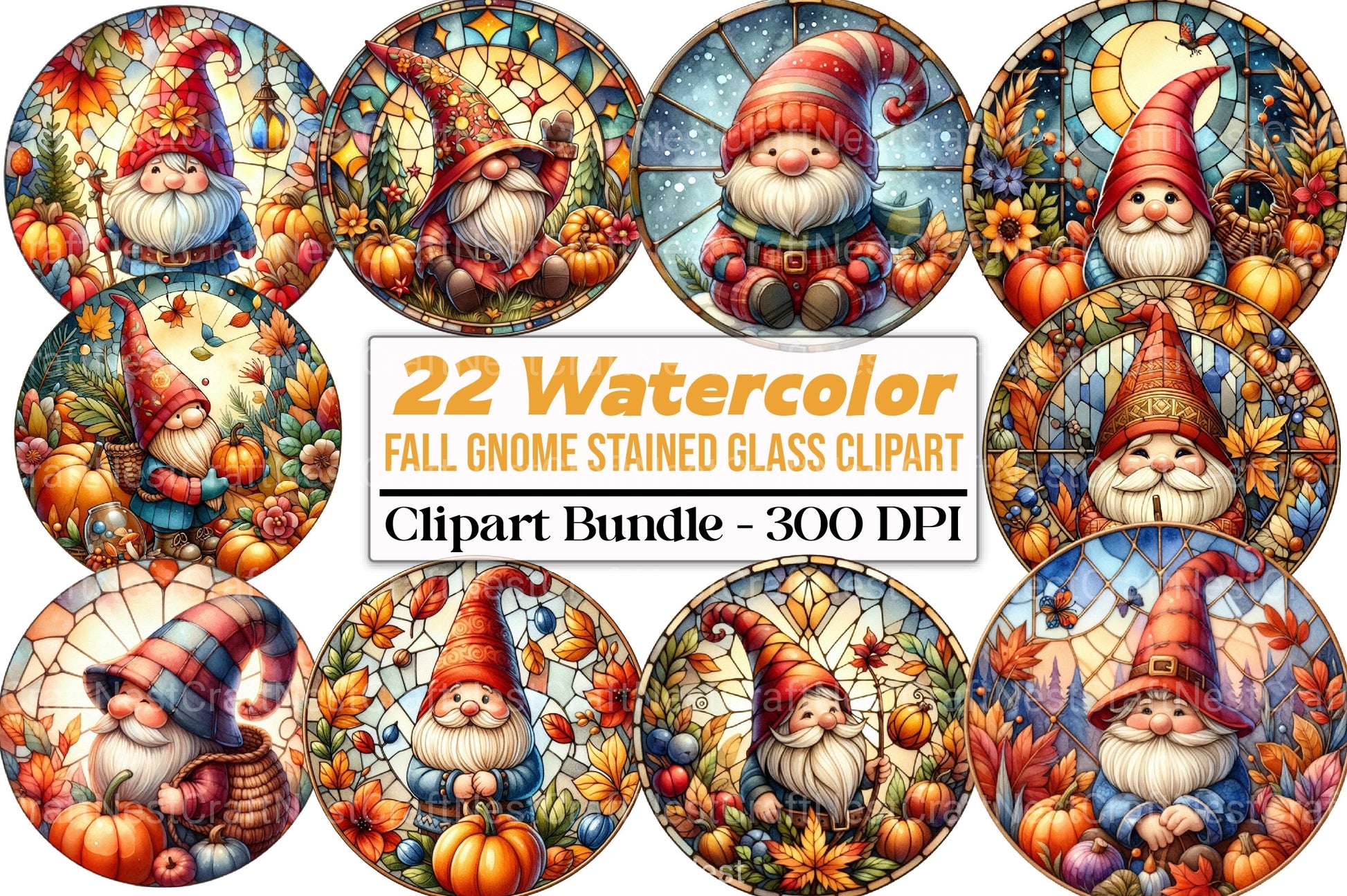 Round Fall Gnome Stained Glass Clipart Bundle - CraftNest - Digital Crafting and Art