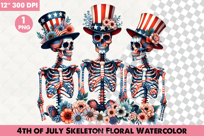4th of July Skeleton Floral Clipart Bundle 3 - CraftNest - Digital Crafting and Art