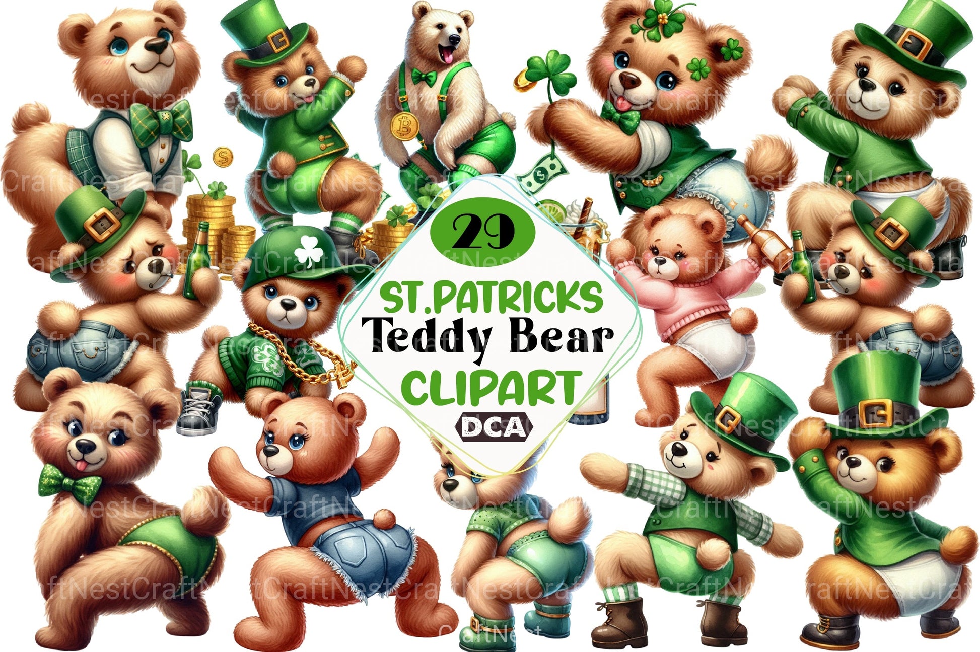 St. Patrick's Day Twerking Teddy Bear Clipart Bundle - CraftNest - Digital Crafting and Art