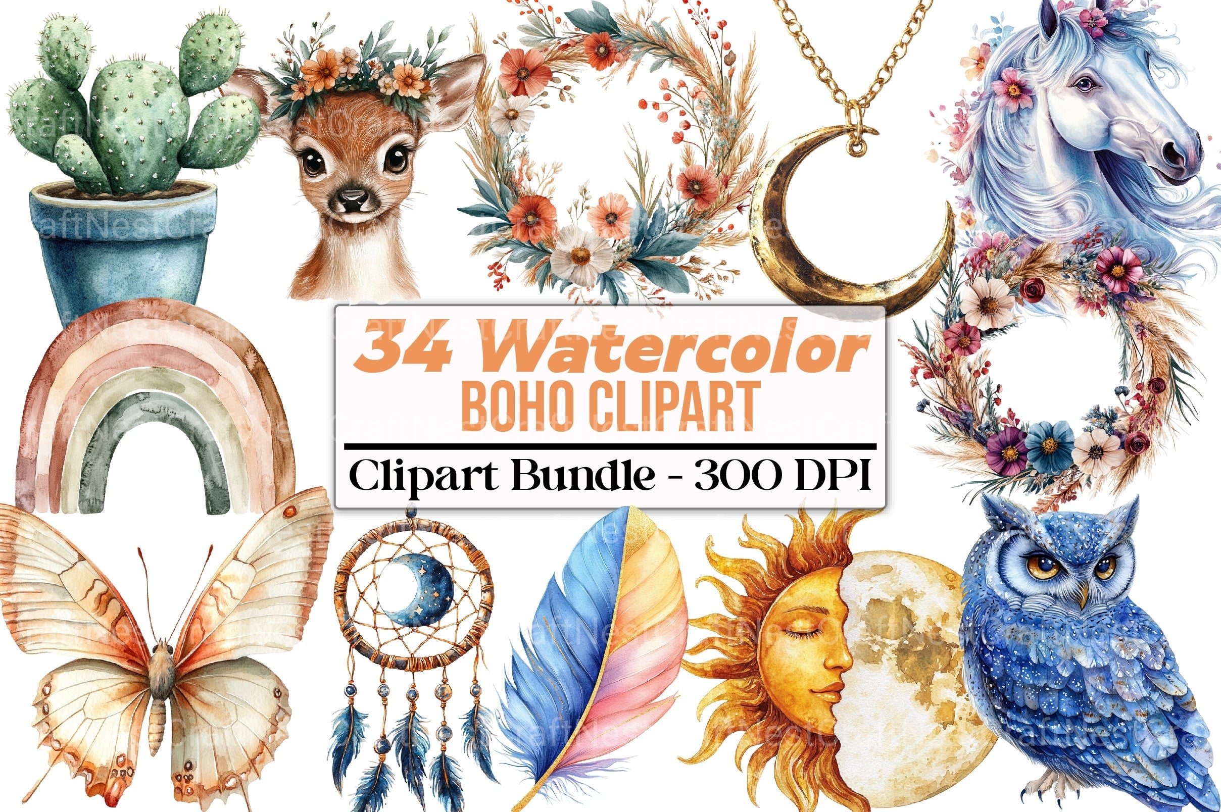 Watercolor Boho Clipart Bundle - CraftNest - Digital Crafting and Art