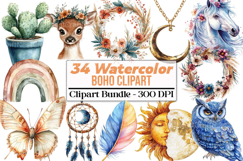Watercolor Boho Clipart Bundle - CraftNest - Digital Crafting and Art