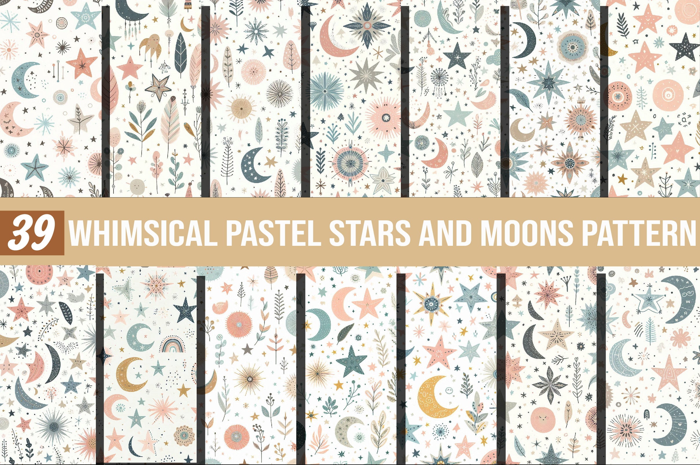 Whimsical Pastel Stars and Moons Pattern Clipart Bundle