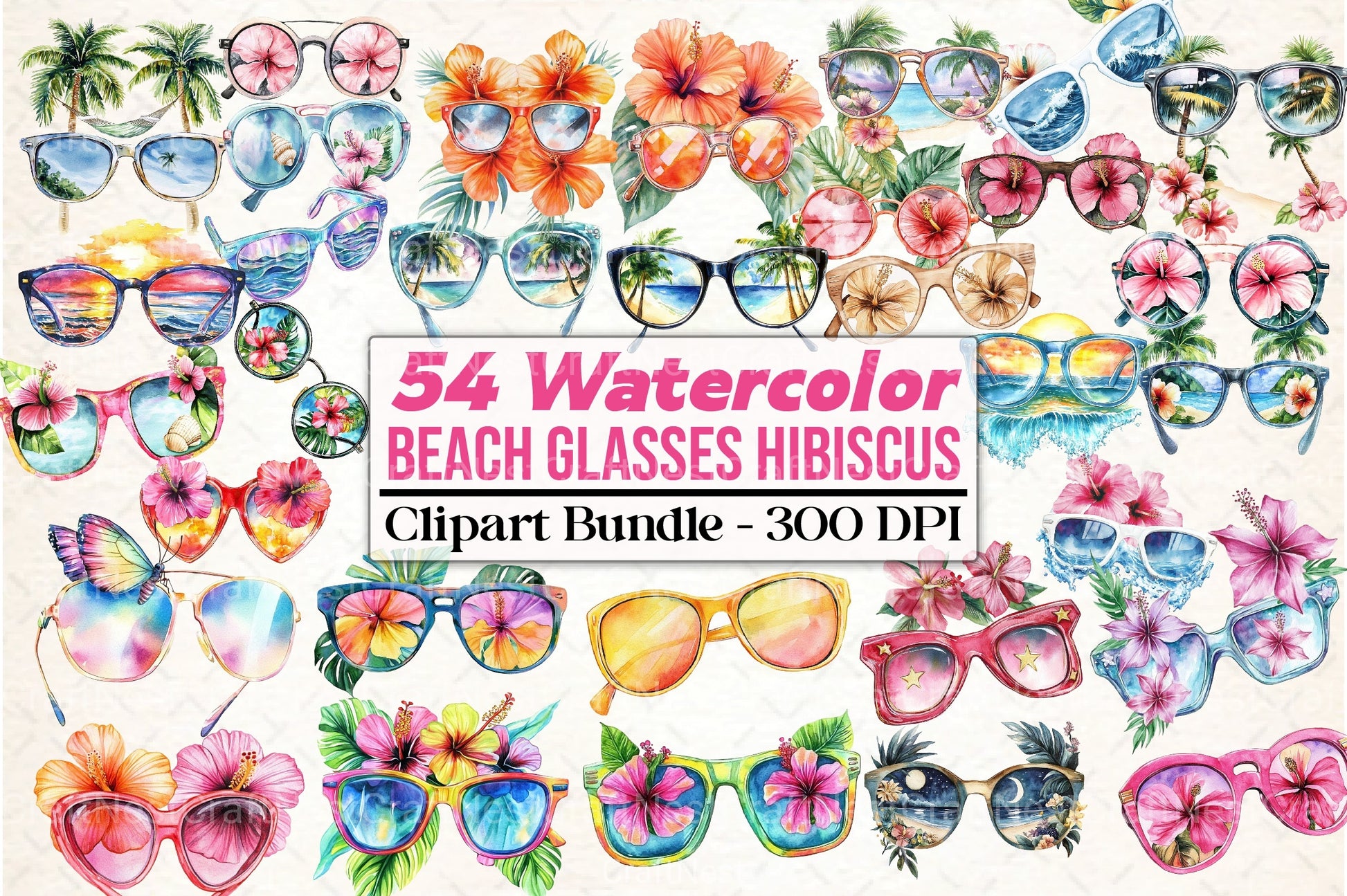 Tropical Summer Beach Glasses Hibiscus Clipart Bundle - CraftNest - Digital Crafting and Art