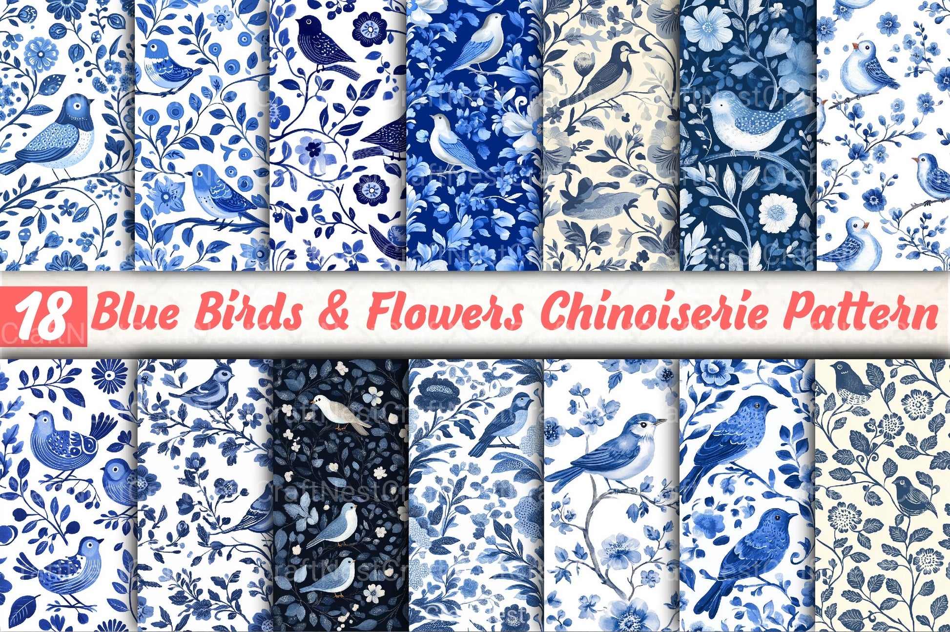 Blue Birds & Flowers Chinoiserie Pattern Clipart Bundle - CraftNest - Digital Crafting and Art
