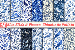 Blue Birds & Flowers Chinoiserie Pattern Clipart Bundle - CraftNest - Digital Crafting and Art