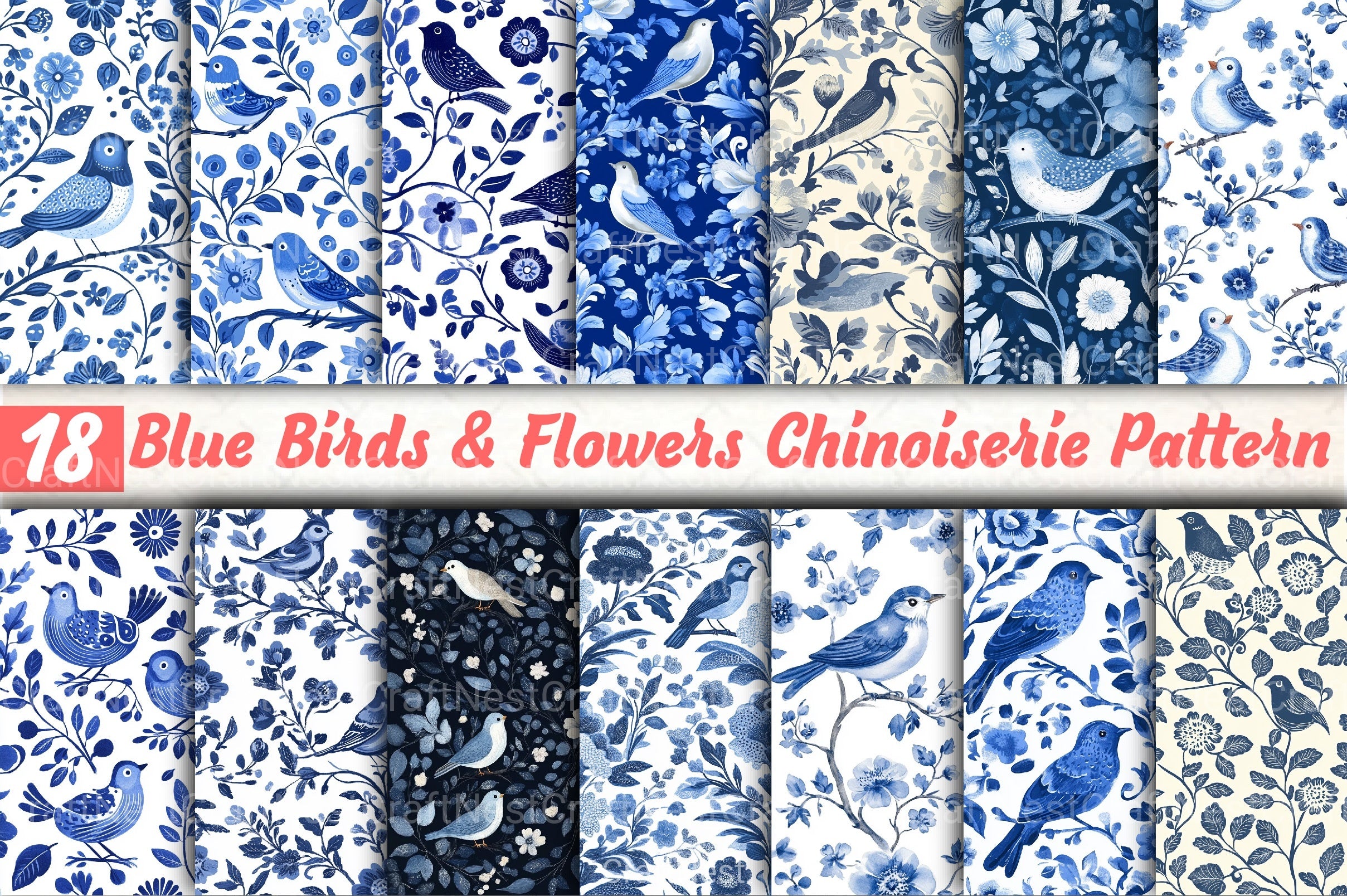 Blue Birds & Flowers Chinoiserie Pattern Clipart Bundle - CraftNest - Digital Crafting and Art