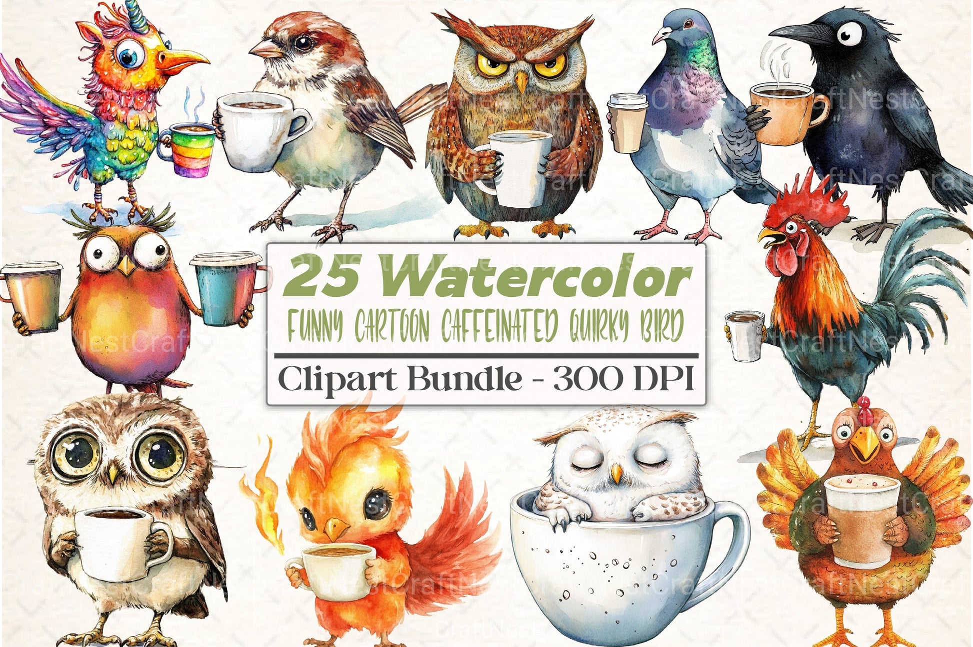 Funny Cartoon Caffeinated Bird Clipart Bundle - CraftNest - Digital Crafting and Art