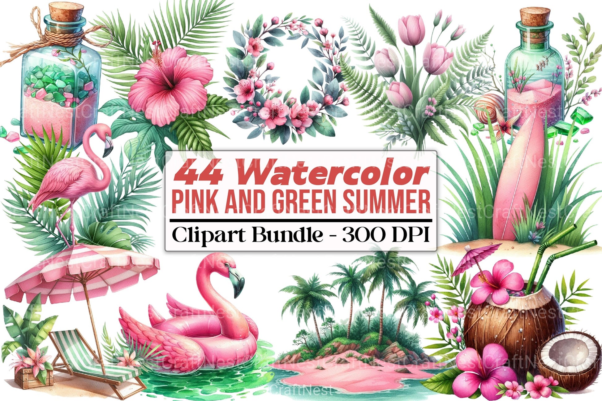 Pink and Green Summer Clipart Bundle 78 - CraftNest - Digital Crafting and Art