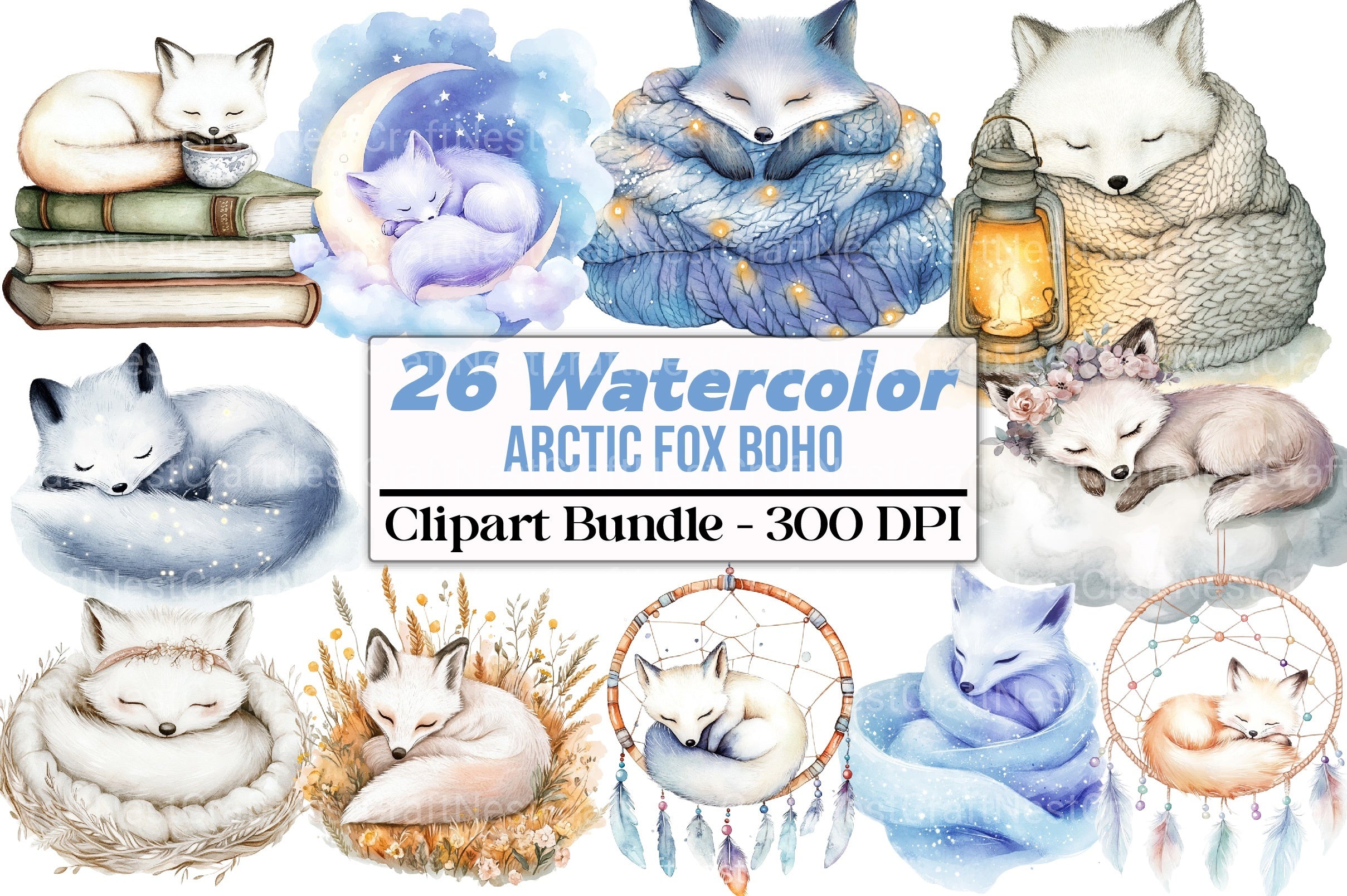 Cute Dreaming Arctic Fox Boho Clipart Bundle - CraftNest - Digital Crafting and Art