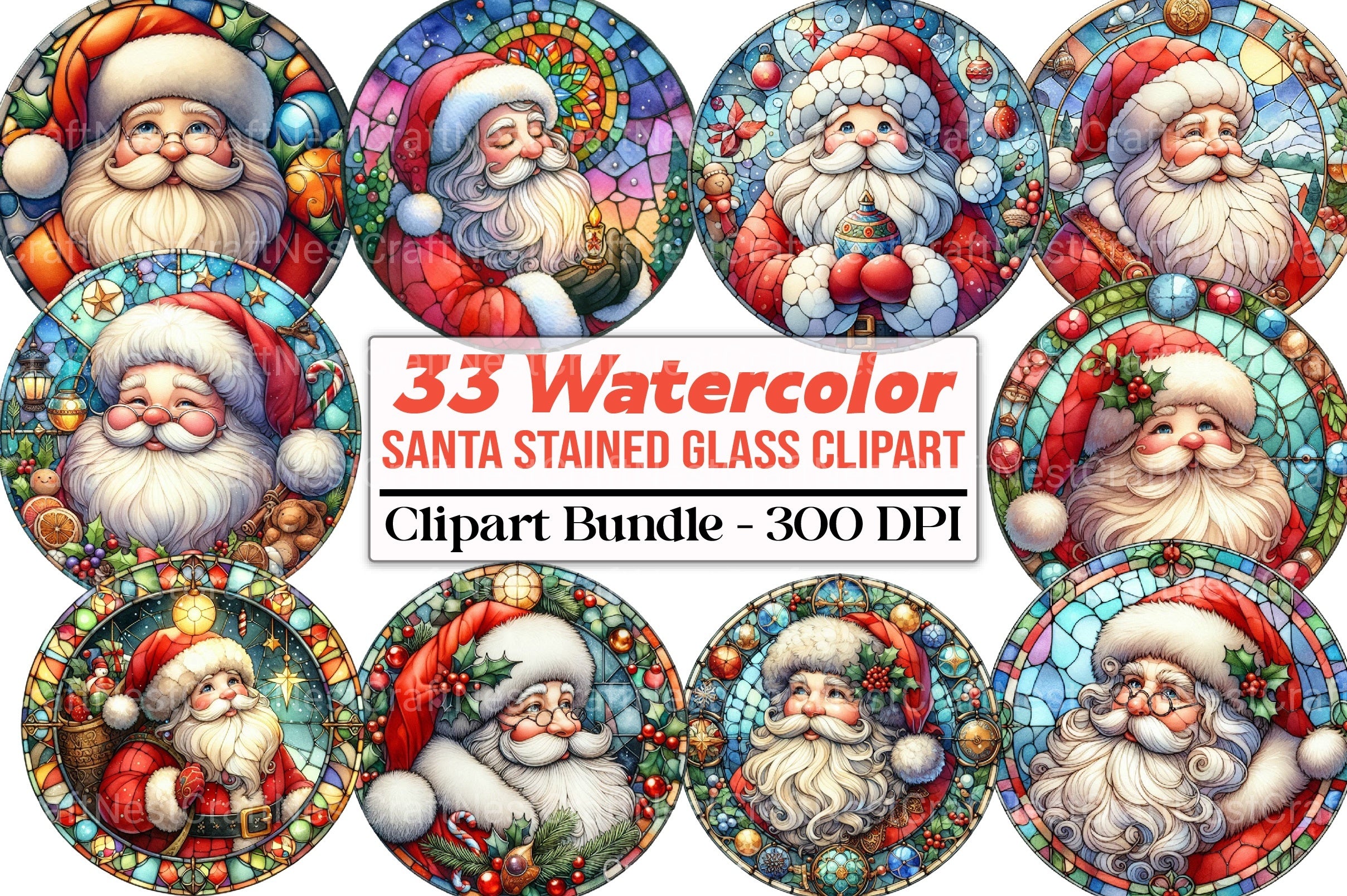 Round Santa Stained Glass Clipart Bundle 99 - CraftNest - Digital Crafting and Art