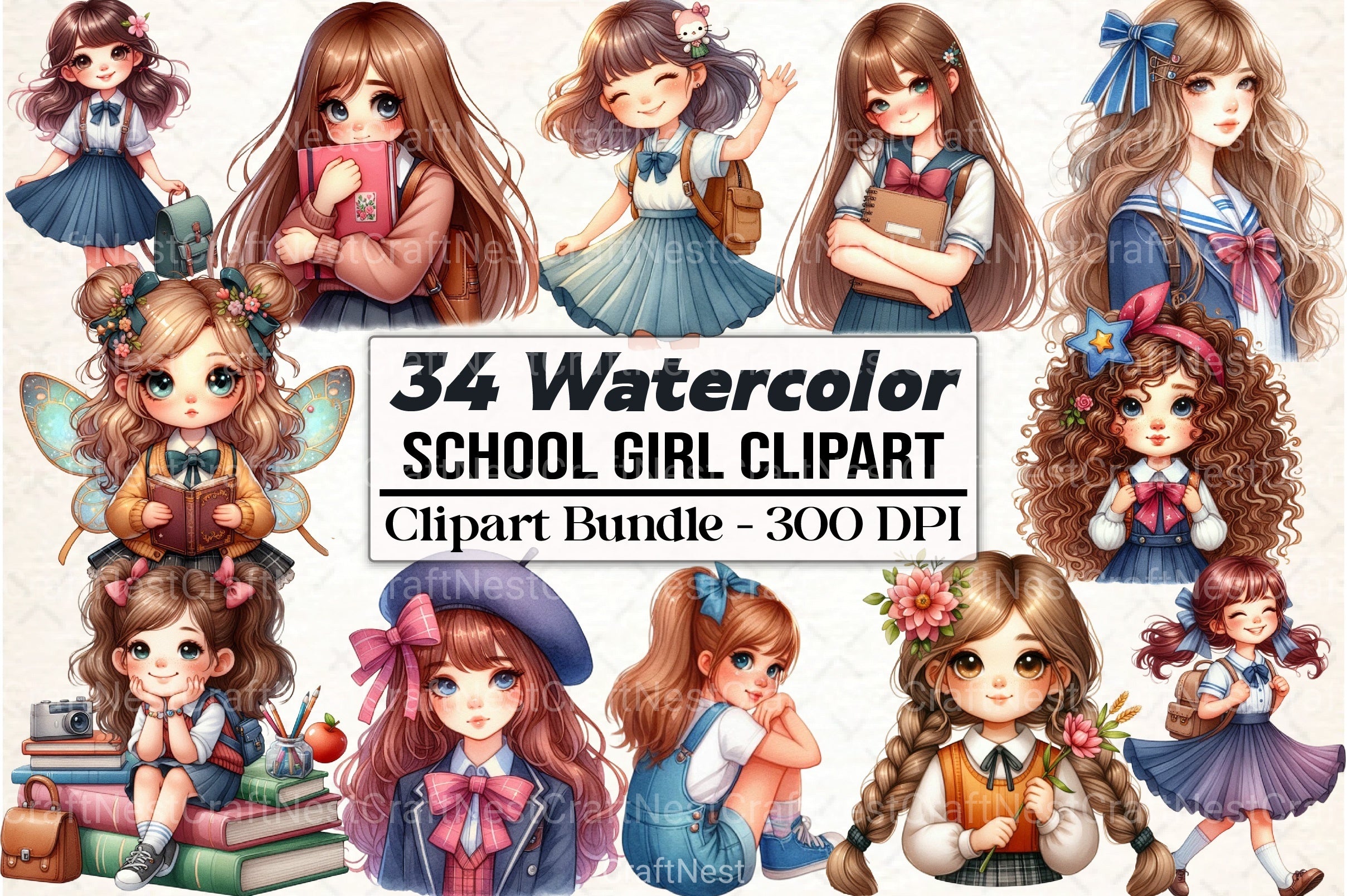 Whimsical School Girl Clipart Bundle - CraftNest - Digital Crafting and Art