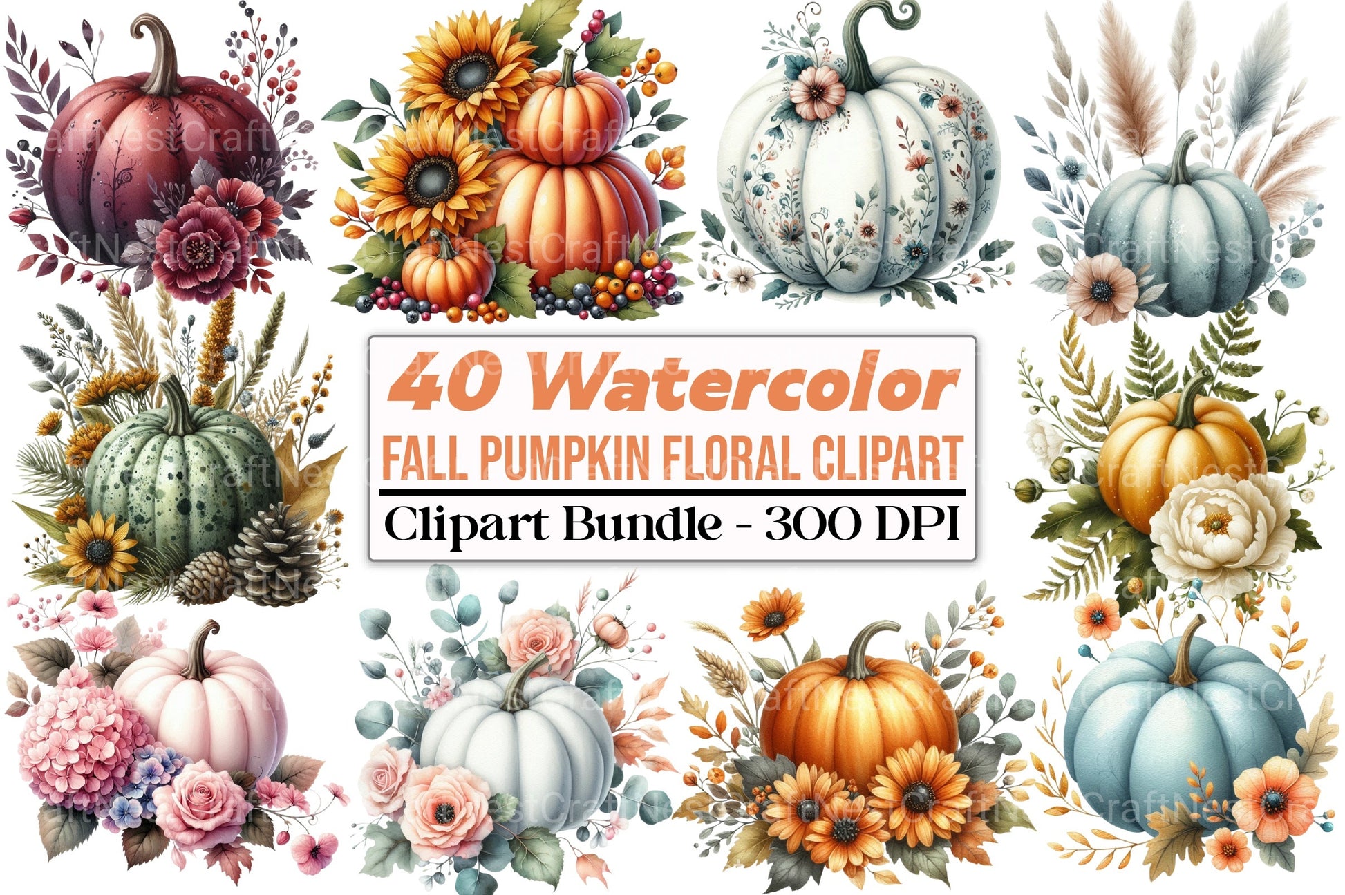 Fall Pumpkin Floral Clipart Bundle - CraftNest - Digital Crafting and Art