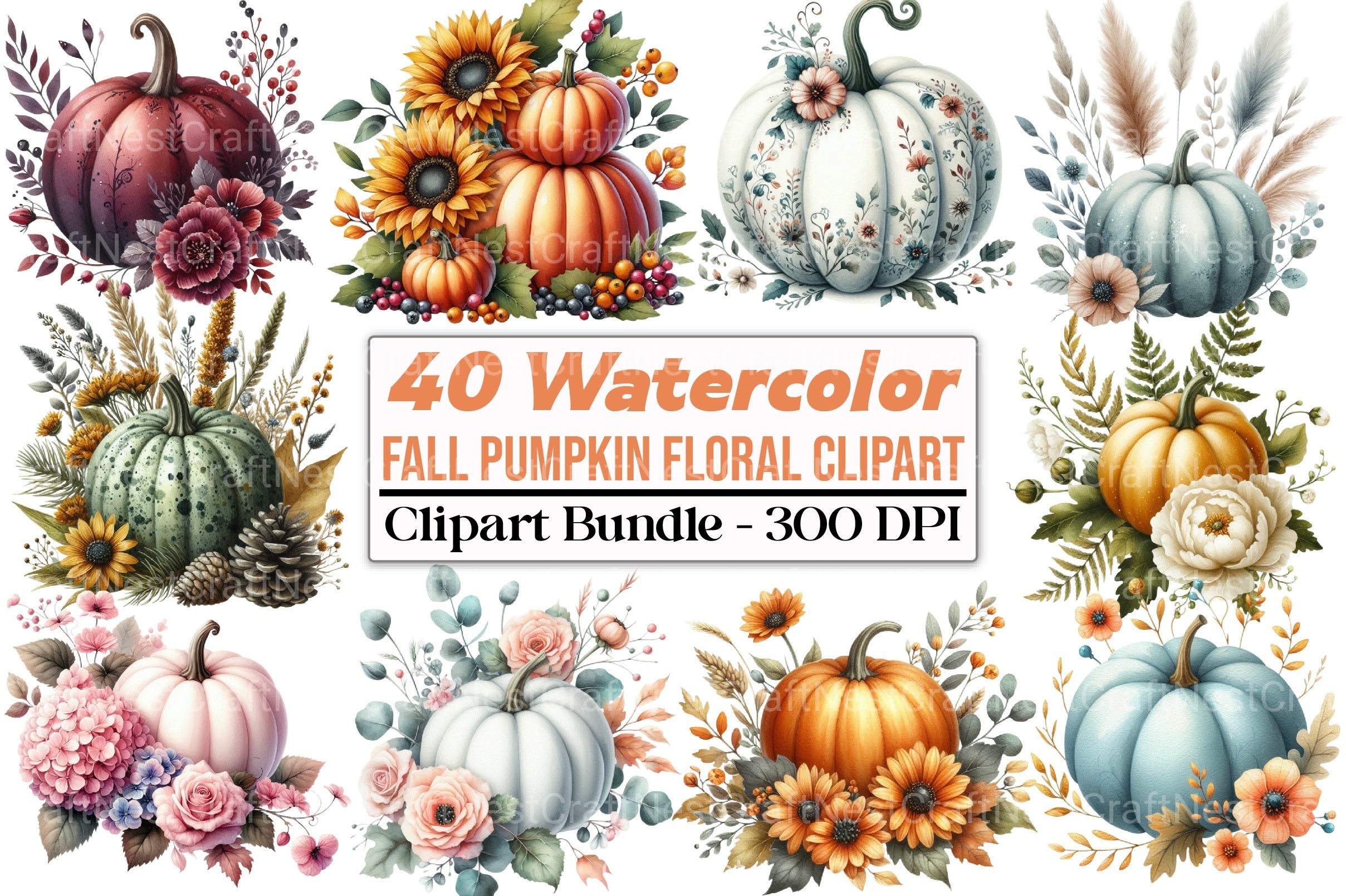 Fall Pumpkin Floral Clipart Bundle - CraftNest - Digital Crafting and Art