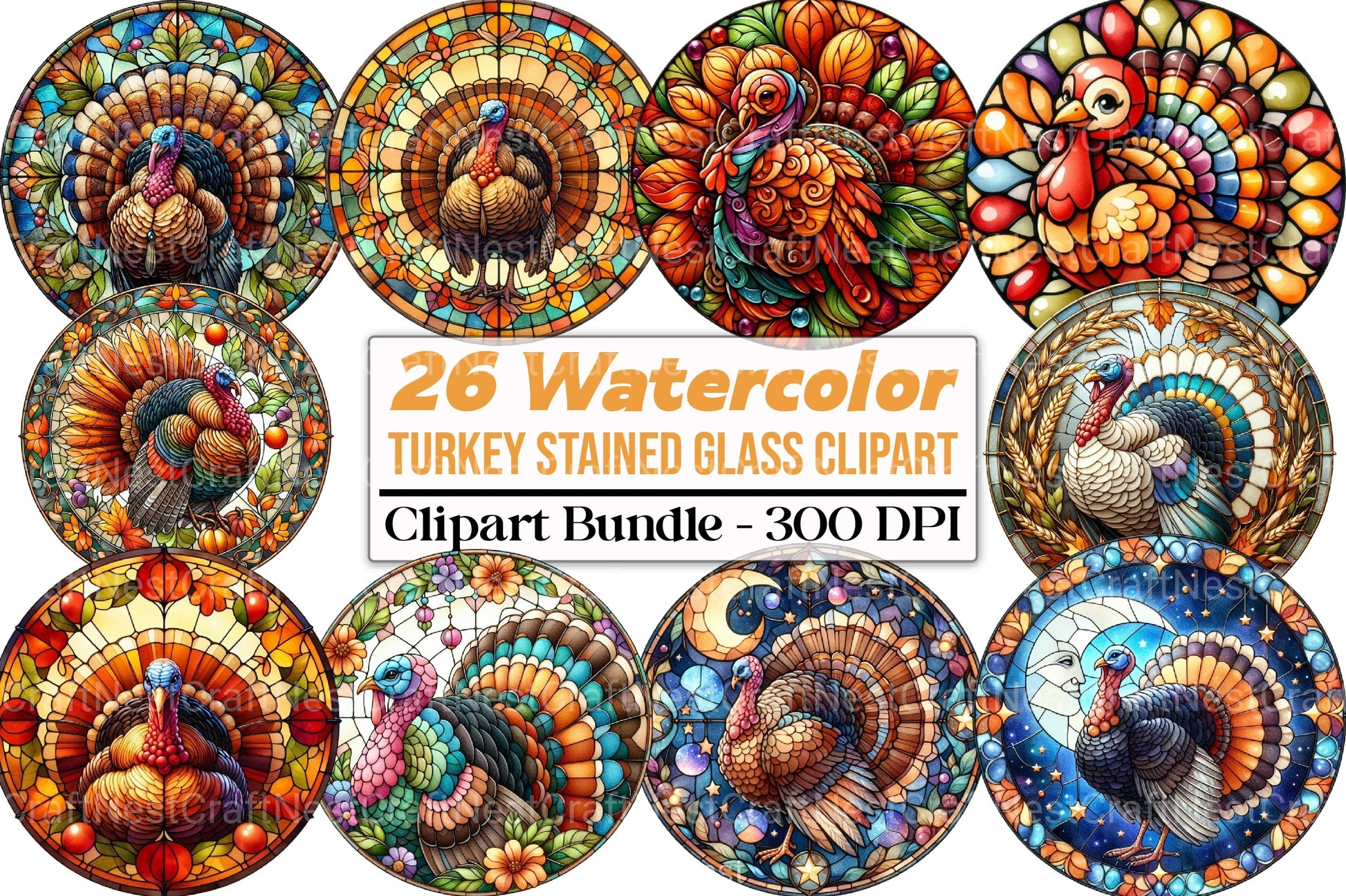 Round Turkey Stained Glass Clipart Bundle - CraftNest - Digital Crafting and Art