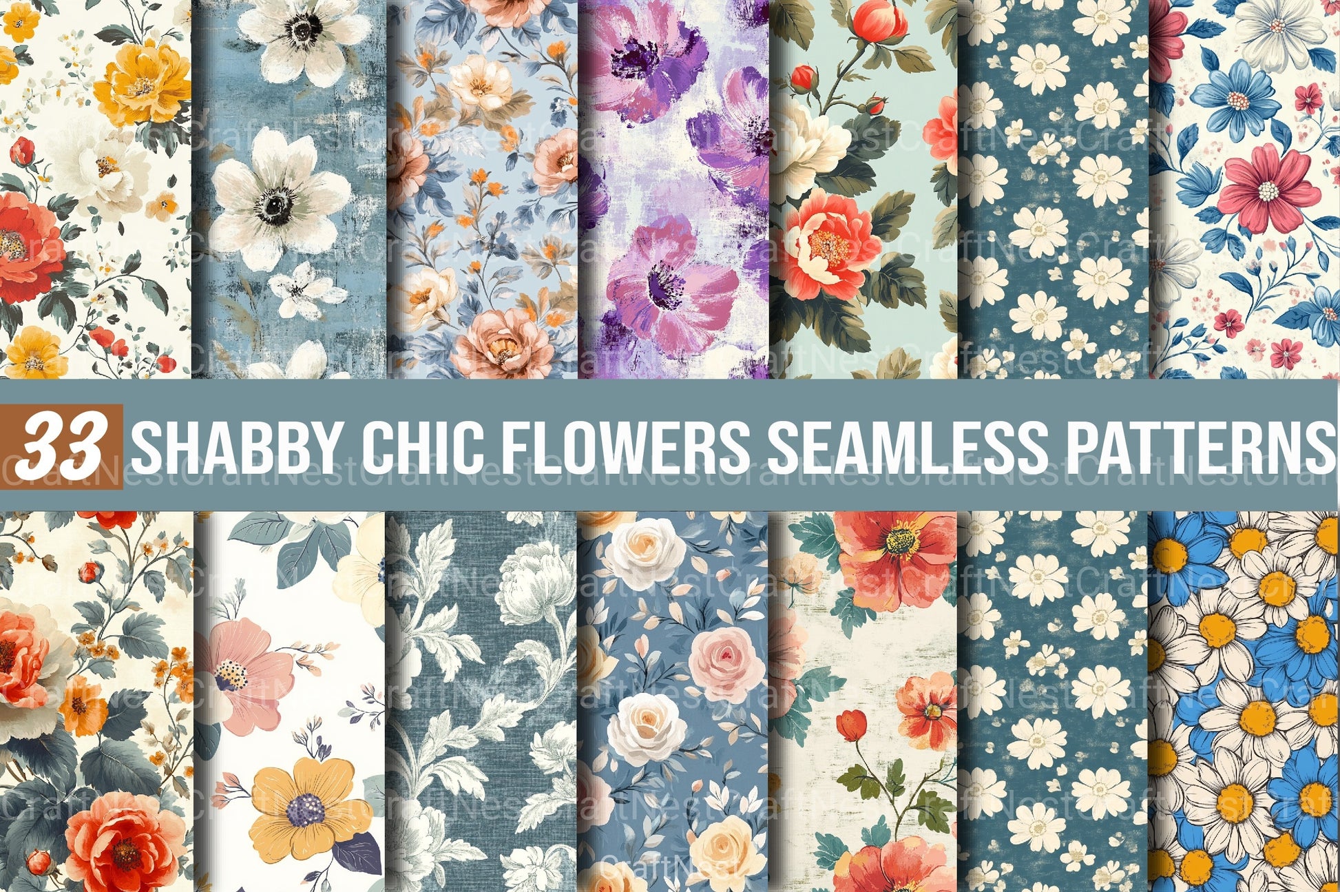 Shabby Chic Flowers Seamless Patterns Digital Paper - CraftNest - Digital Crafting and Art