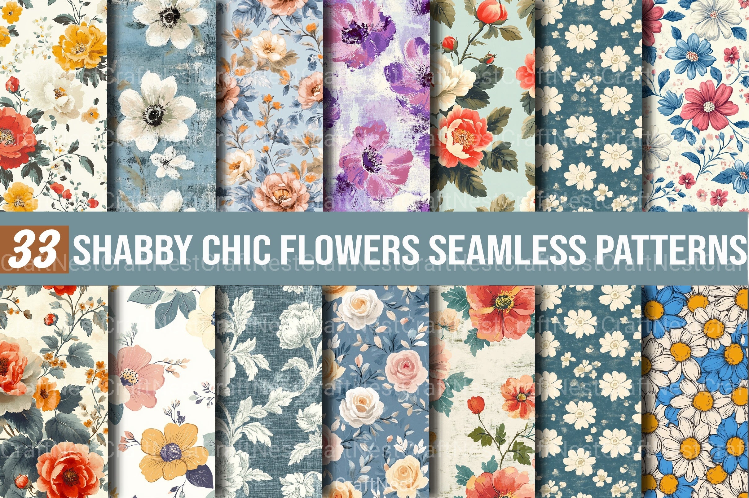 Shabby Chic Flowers Seamless Patterns Digital Paper - CraftNest - Digital Crafting and Art