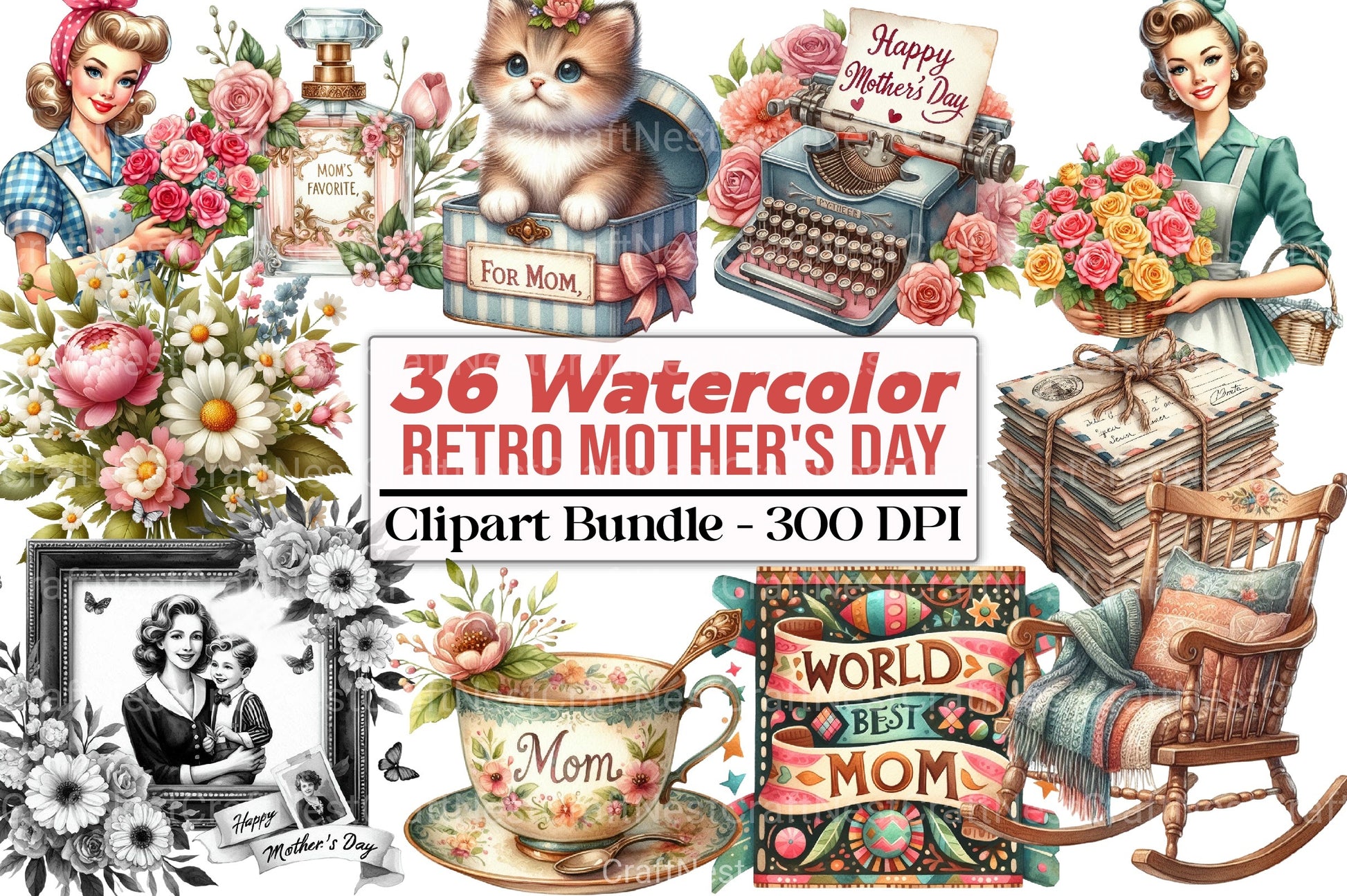 Retro Mother's Day Clipart Bundle 2 - CraftNest - Digital Crafting and Art