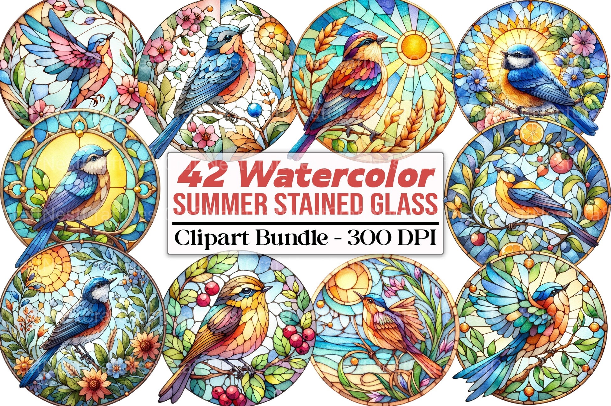 Stained Glass Summer Bird Clipart Bundle - CraftNest - Digital Crafting and Art