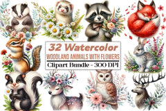 Woodland Animals with Flowers Clipart Bundle - CraftNest - Digital Crafting and Art