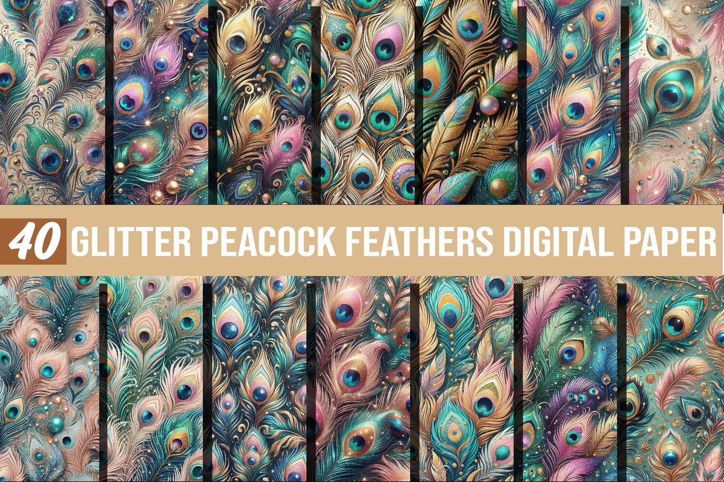 Glitter Peacock Feathers Digital Paper