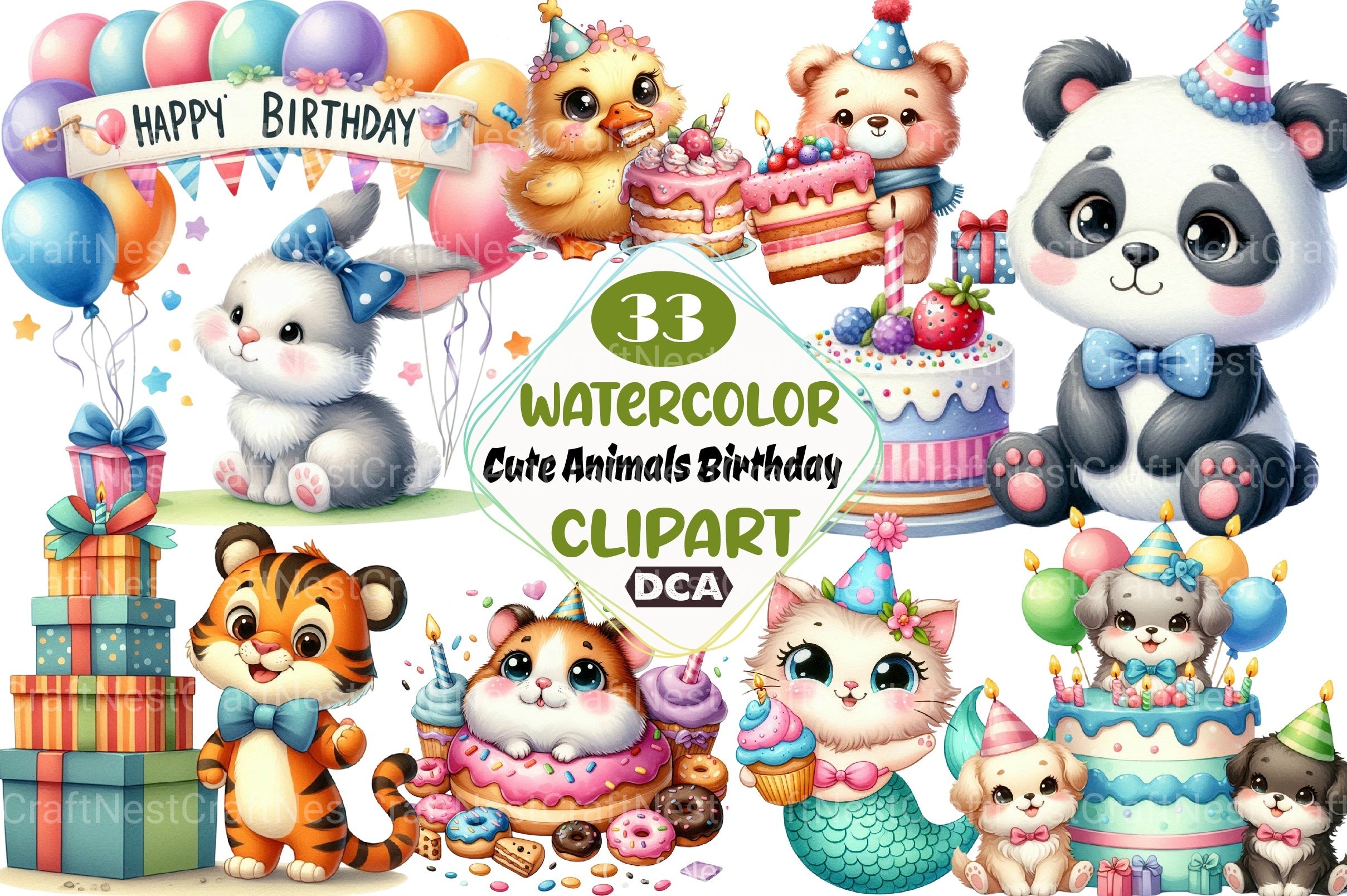 Cute Animals Birthday Clipart Bundle - CraftNest - Digital Crafting and Art