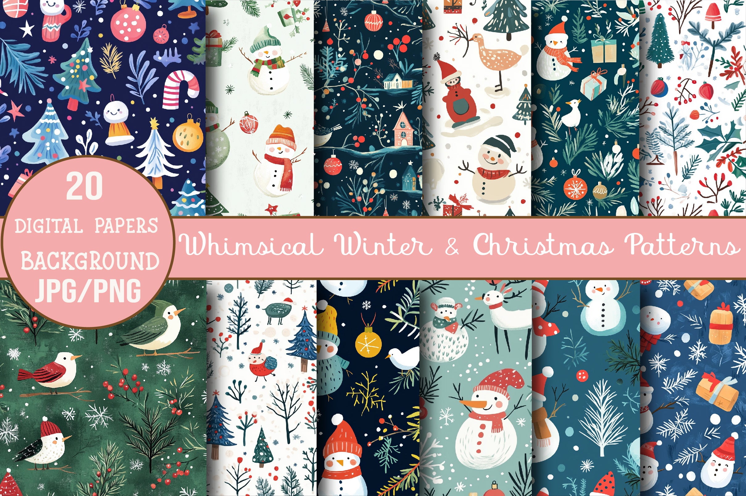 Whimsical Winter & Christmas Patterns Clipart Bundle