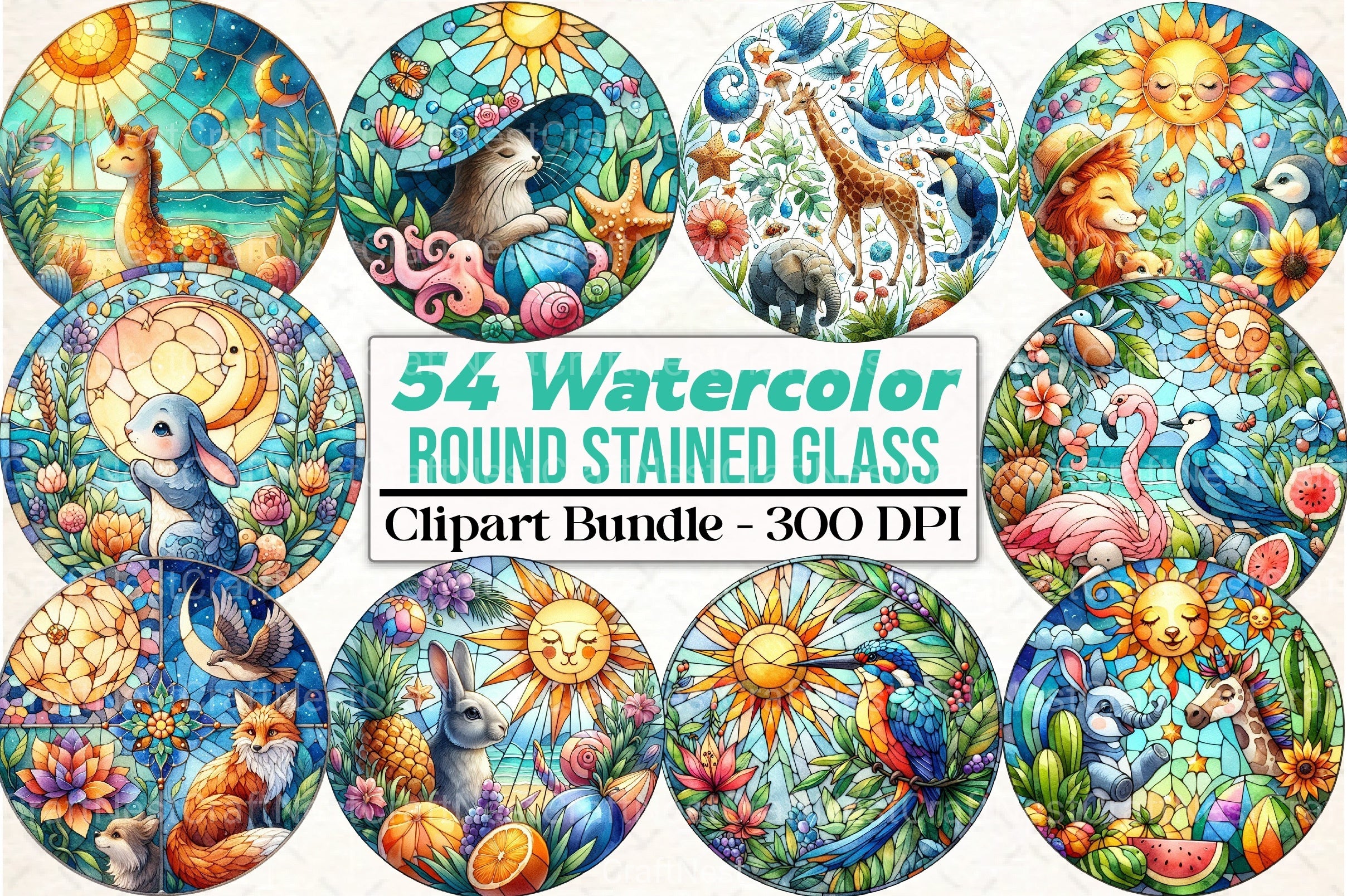 Round Stained Glass Animals Summer Clipart Bundle - CraftNest - Digital Crafting and Art