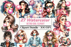 Retro Girl Blowing Bubblegum Clipart Bundle - CraftNest - Digital Crafting and Art