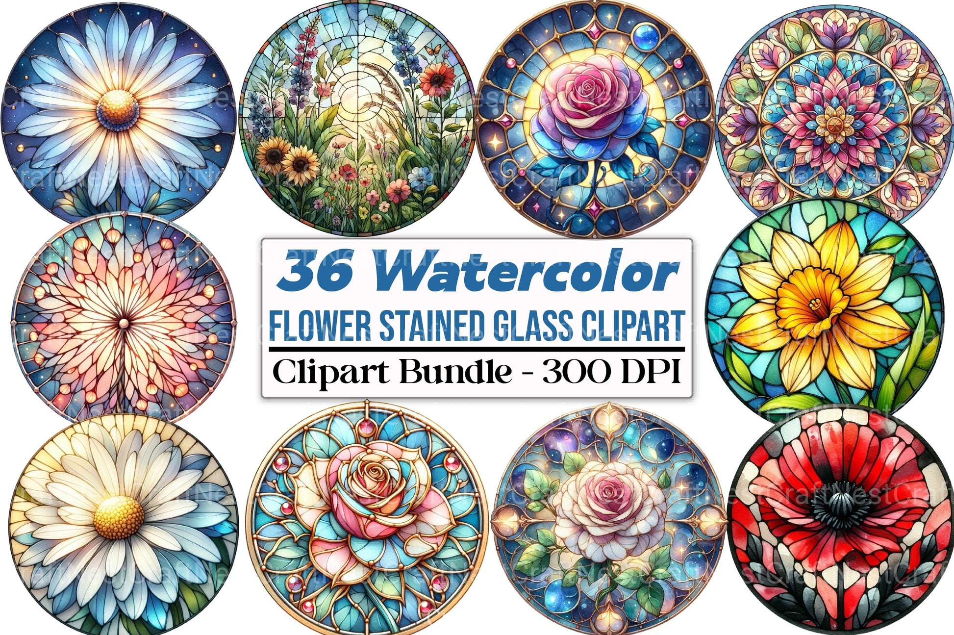 Round Flower Stained Glass Clipart Bundle - CraftNest - Digital Crafting and Art