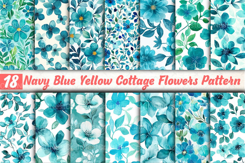 Navy Blue Yellow Cottage Flowers Pattern Clipart Bundle - CraftNest - Digital Crafting and Art
