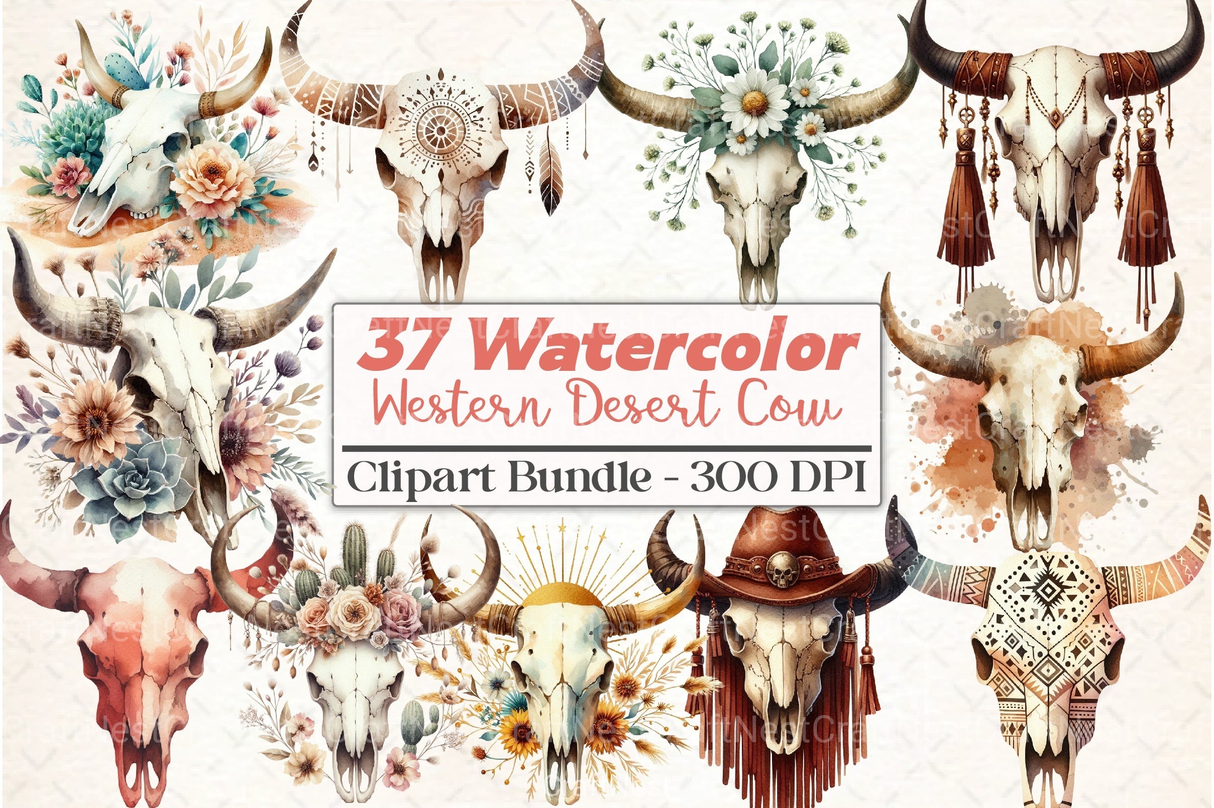 Western Desert Cow Skull Boho Clipart Bundle - CraftNest - Digital Crafting and Art