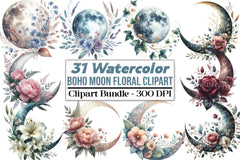 Boho Moon Floral Clipart Bundle - CraftNest - Digital Crafting and Art