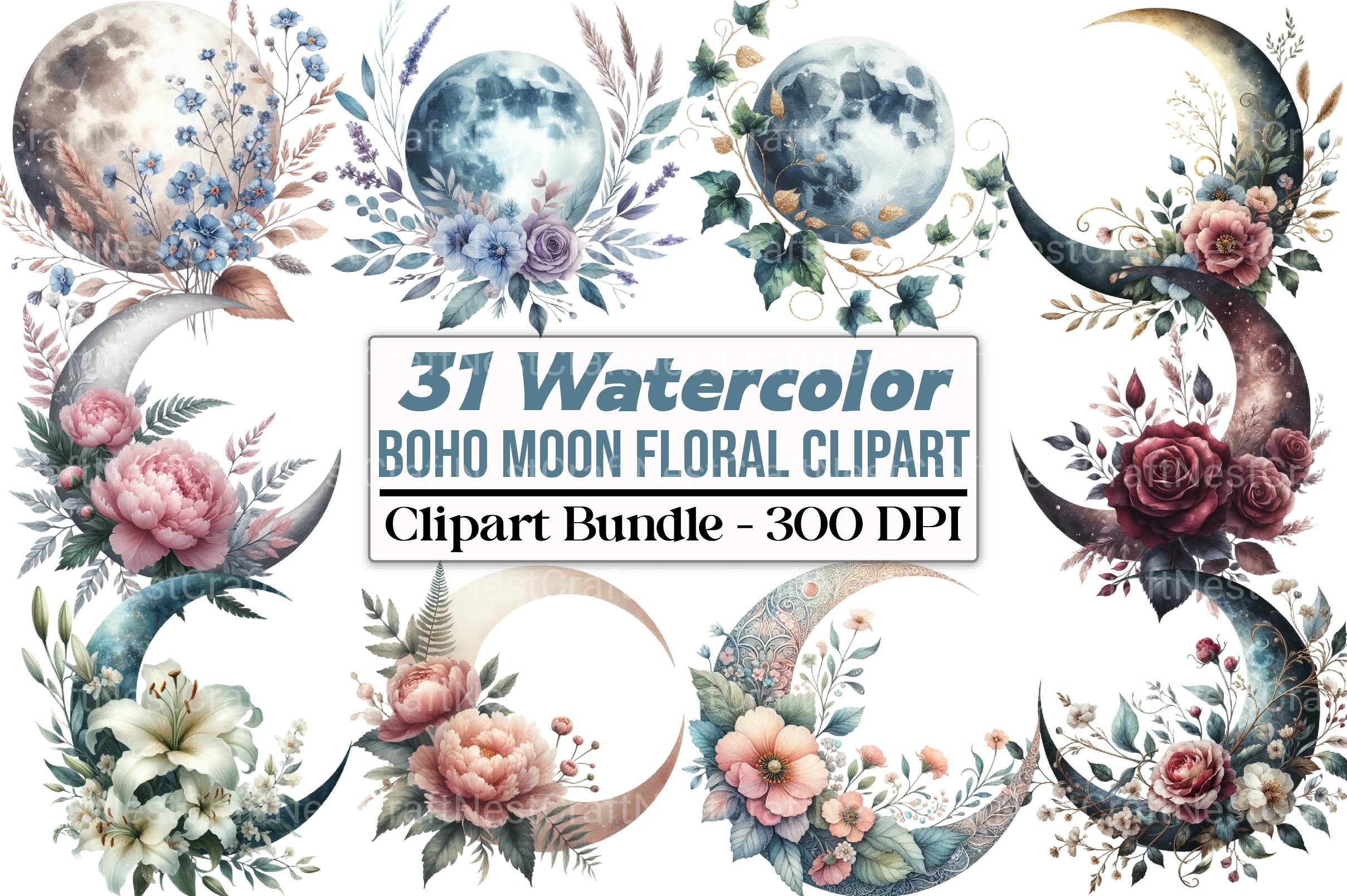 Boho Moon Floral Clipart Bundle - CraftNest - Digital Crafting and Art