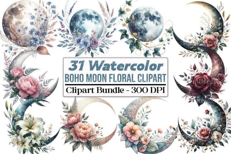 Boho Moon Floral Clipart Bundle - CraftNest - Digital Crafting and Art