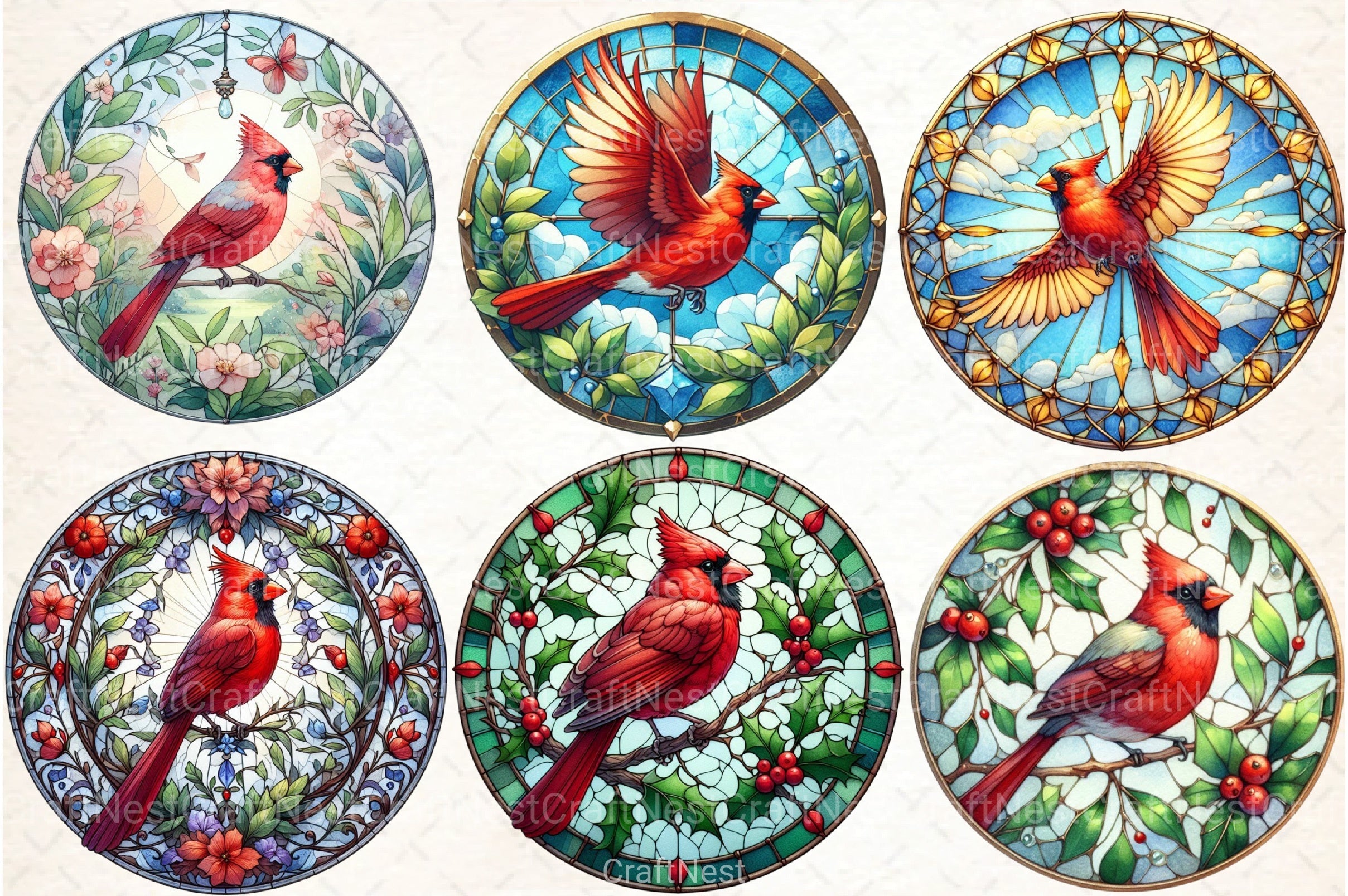 Round Cardinal Stained Glass Clipart Bundle - CraftNest - Digital Crafting and Art