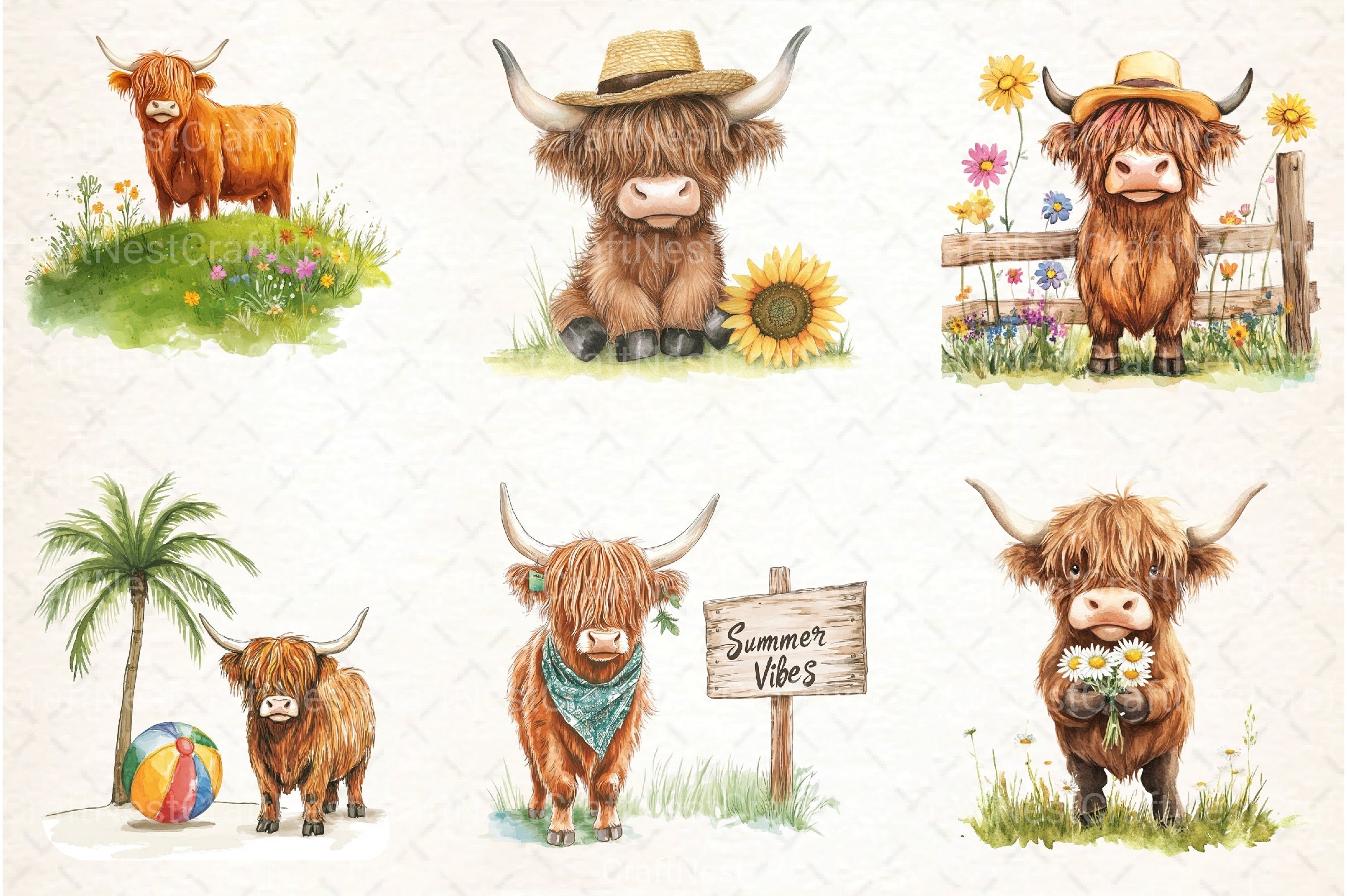 Summer Highland Cow Clipart Bundle 12 - CraftNest - Digital Crafting and Art