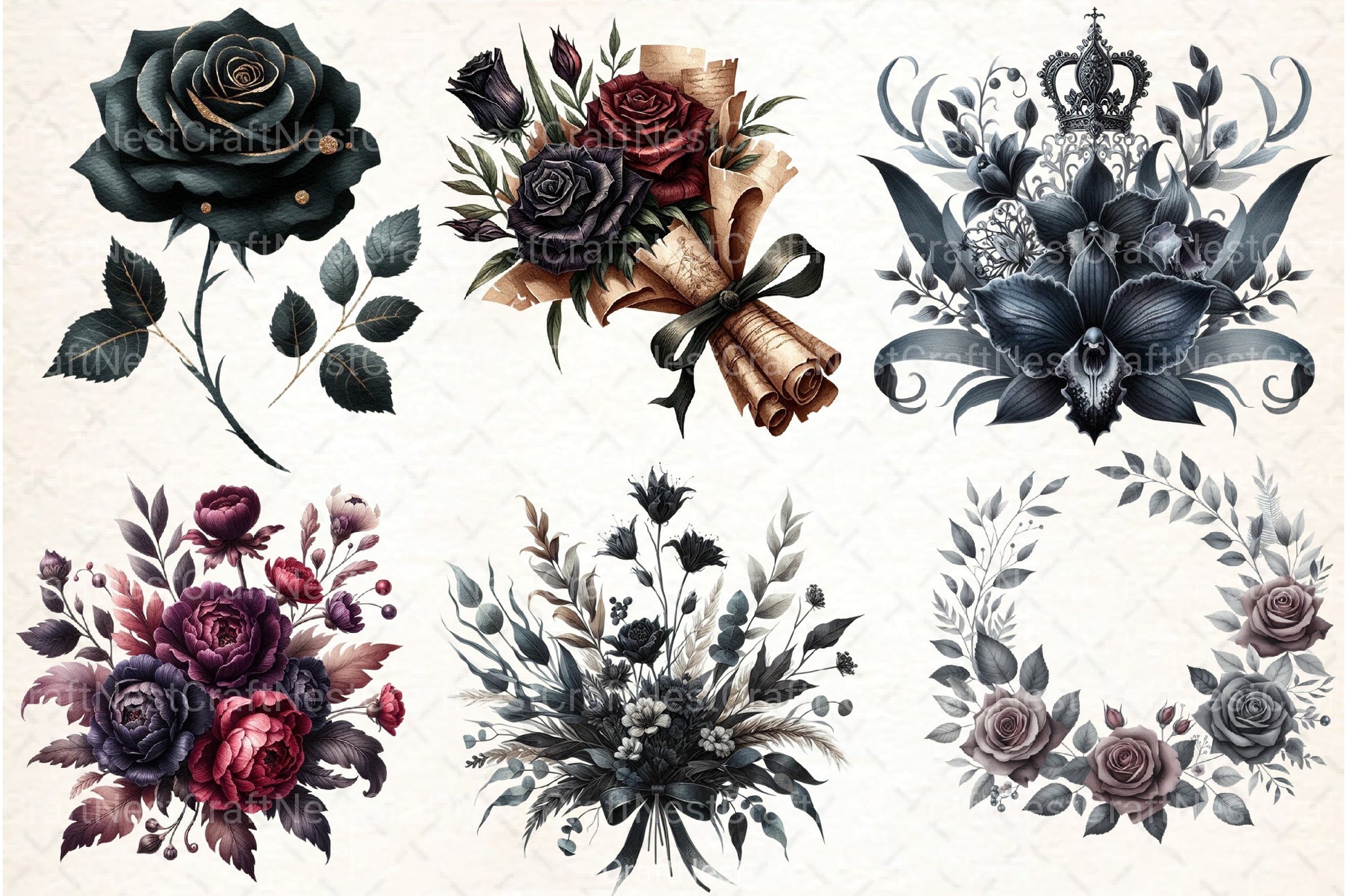 Dark Moody Gothic Flower Clipart Bundle 12 - CraftNest - Digital Crafting and Art
