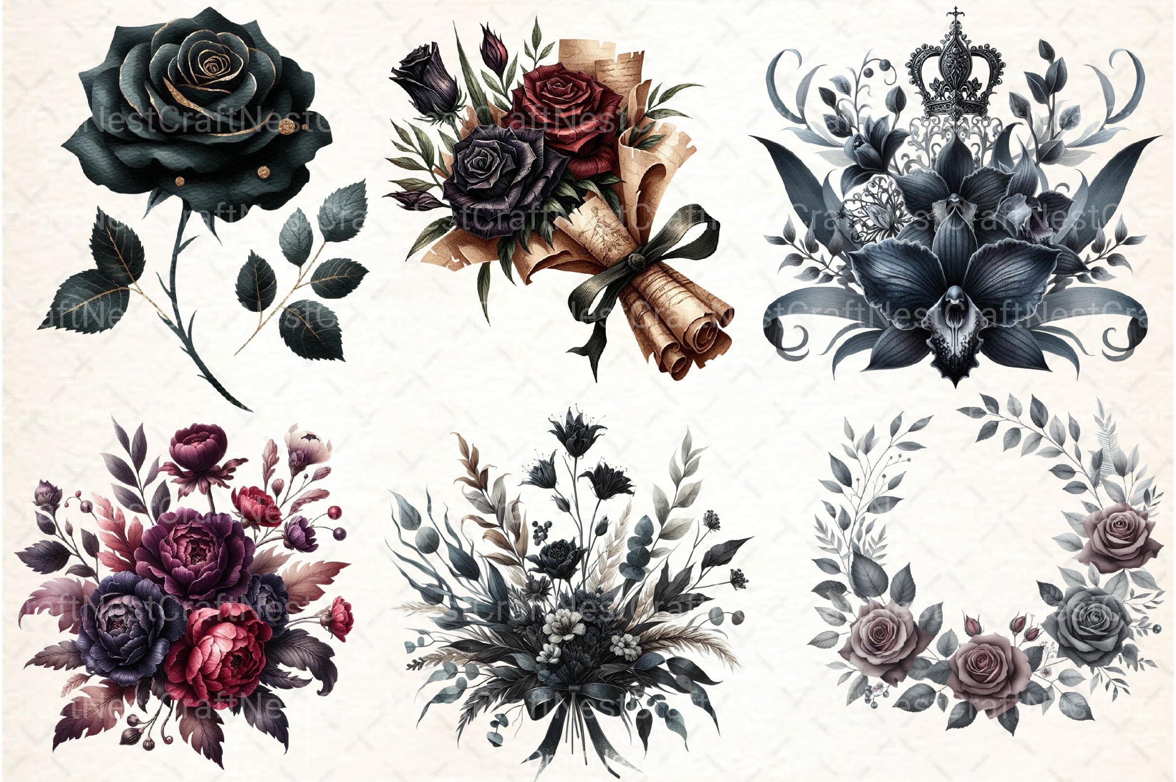 Dark Moody Gothic Flower Clipart Bundle 12 - CraftNest - Digital Crafting and Art