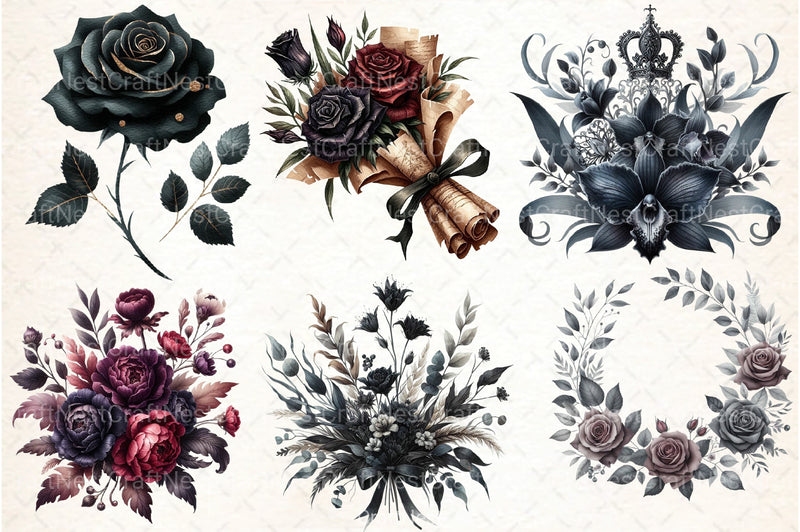 Dark Moody Gothic Flower Clipart Bundle 12 - CraftNest - Digital Crafting and Art