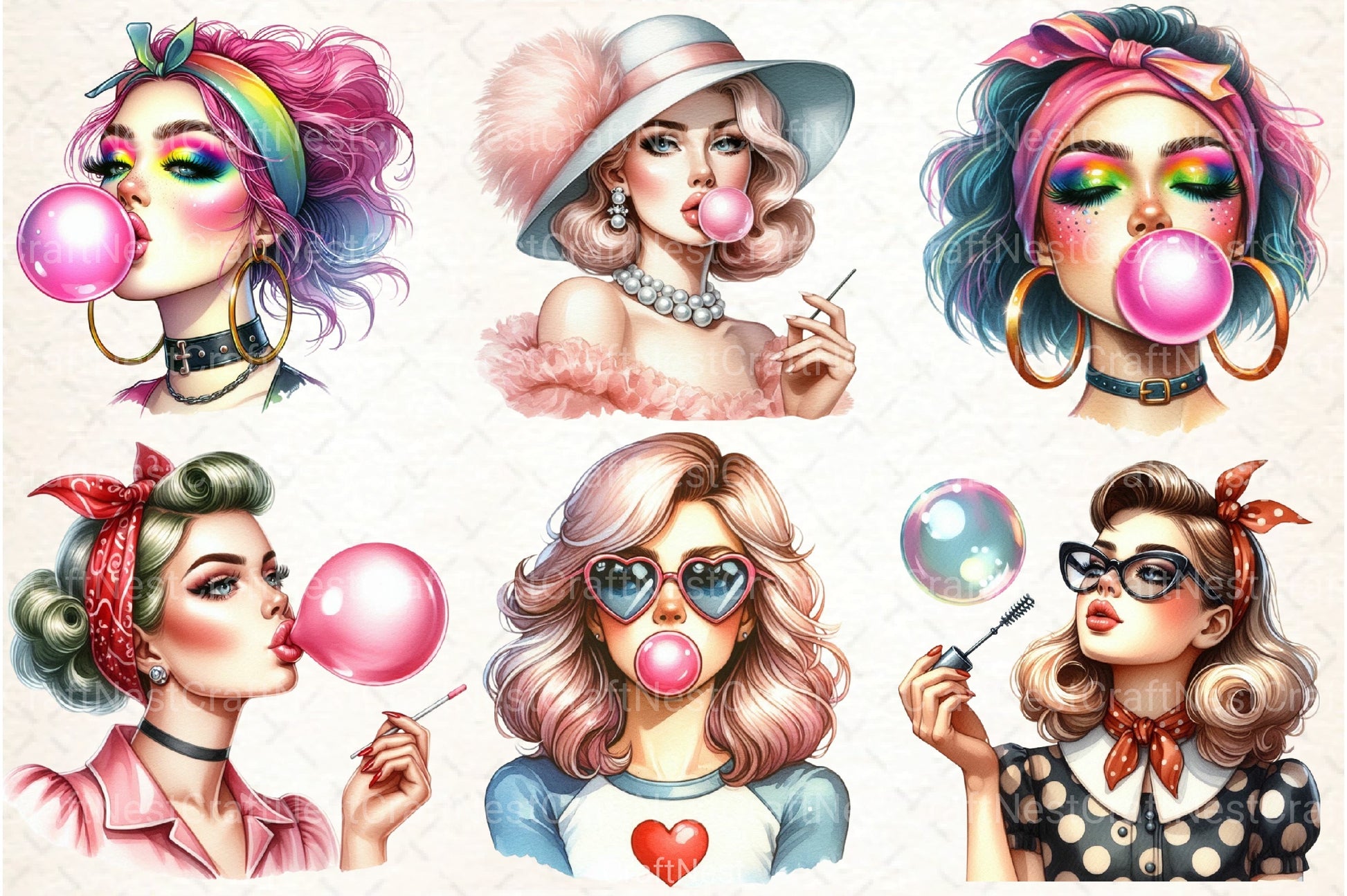 Retro Girl Blowing Bubblegum Clipart Bundle - CraftNest - Digital Crafting and Art