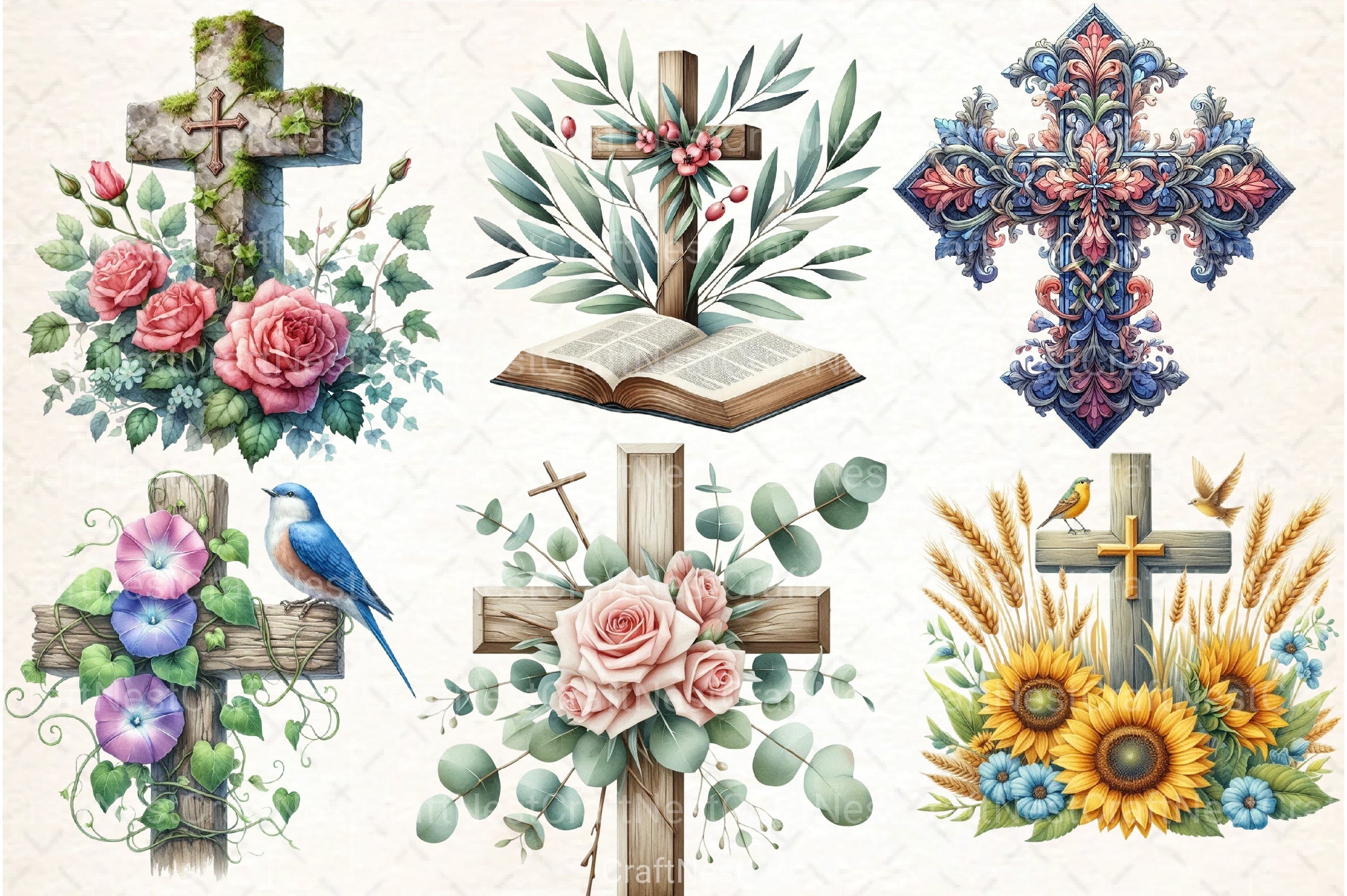 Cross Religious Floral Clipart Bundle 1 - CraftNest - Digital Crafting and Art