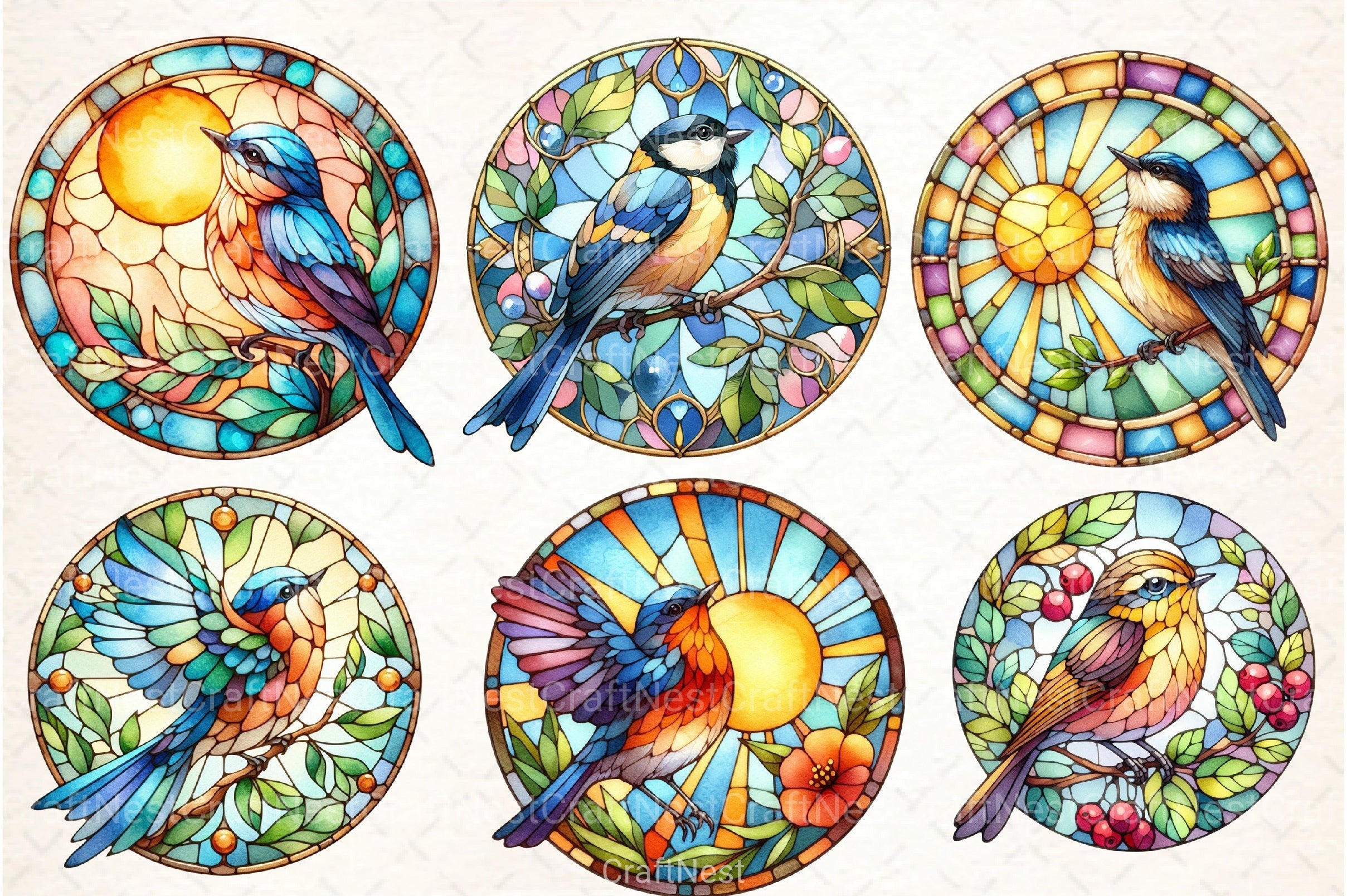 Stained Glass Summer Bird Clipart Bundle - CraftNest - Digital Crafting and Art