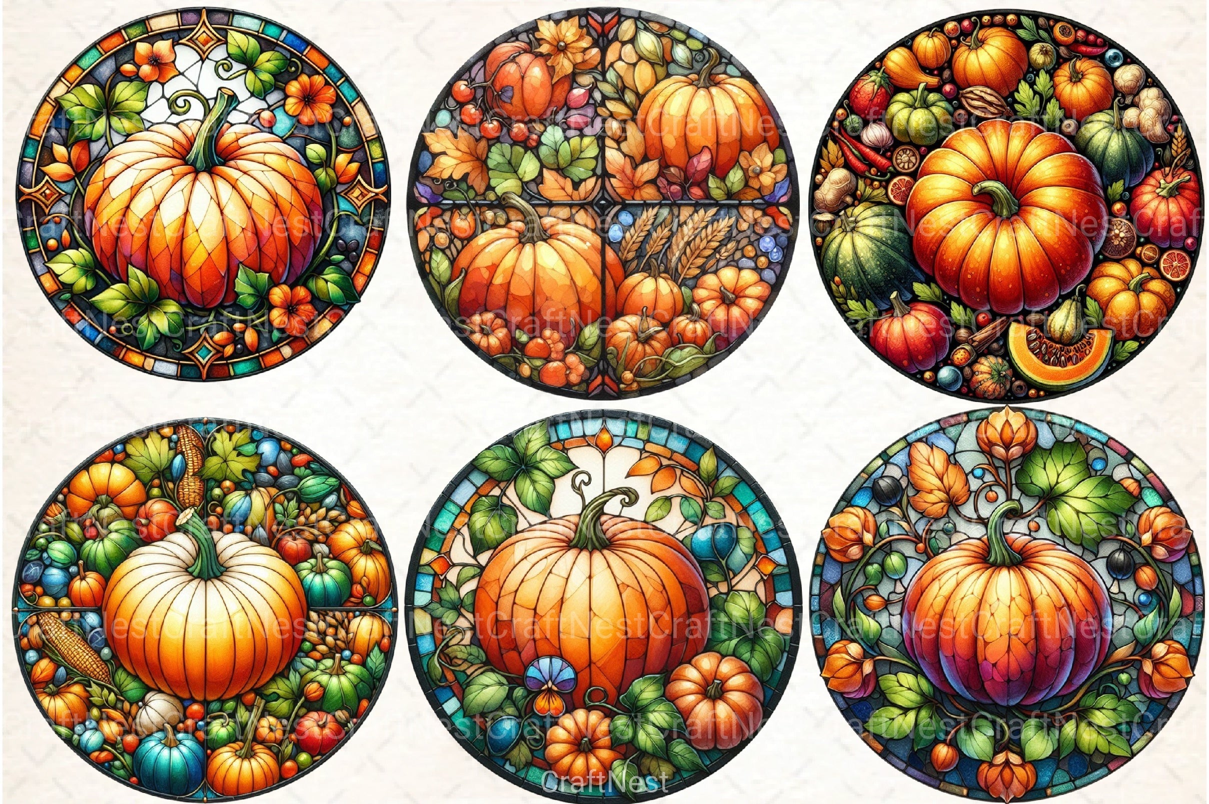 Round Pumpkin Stained Glass Clipart Bundle - CraftNest - Digital Crafting and Art