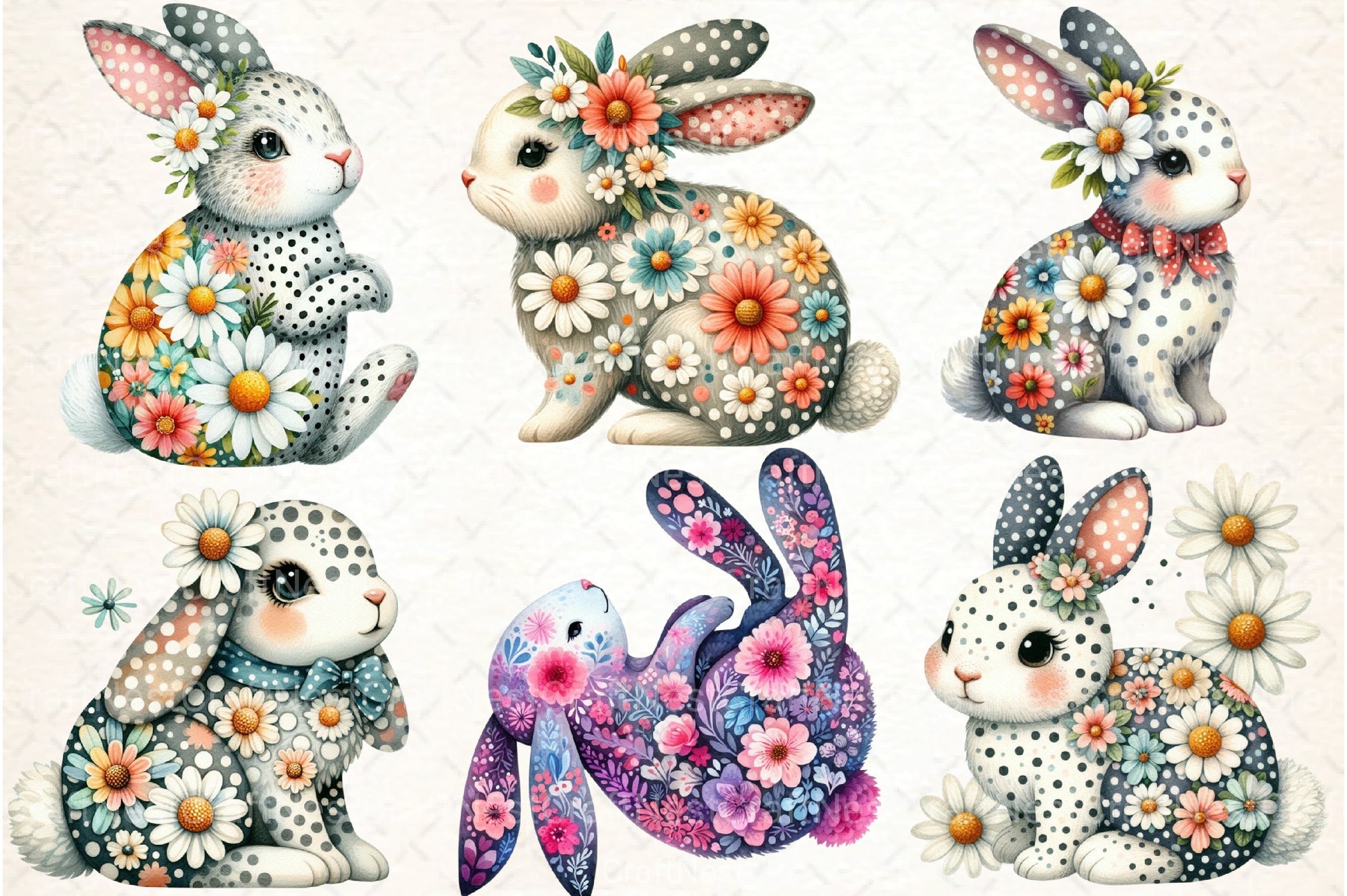 Retro Floral Easter Bunny Clipart Bundle - CraftNest - Digital Crafting and Art
