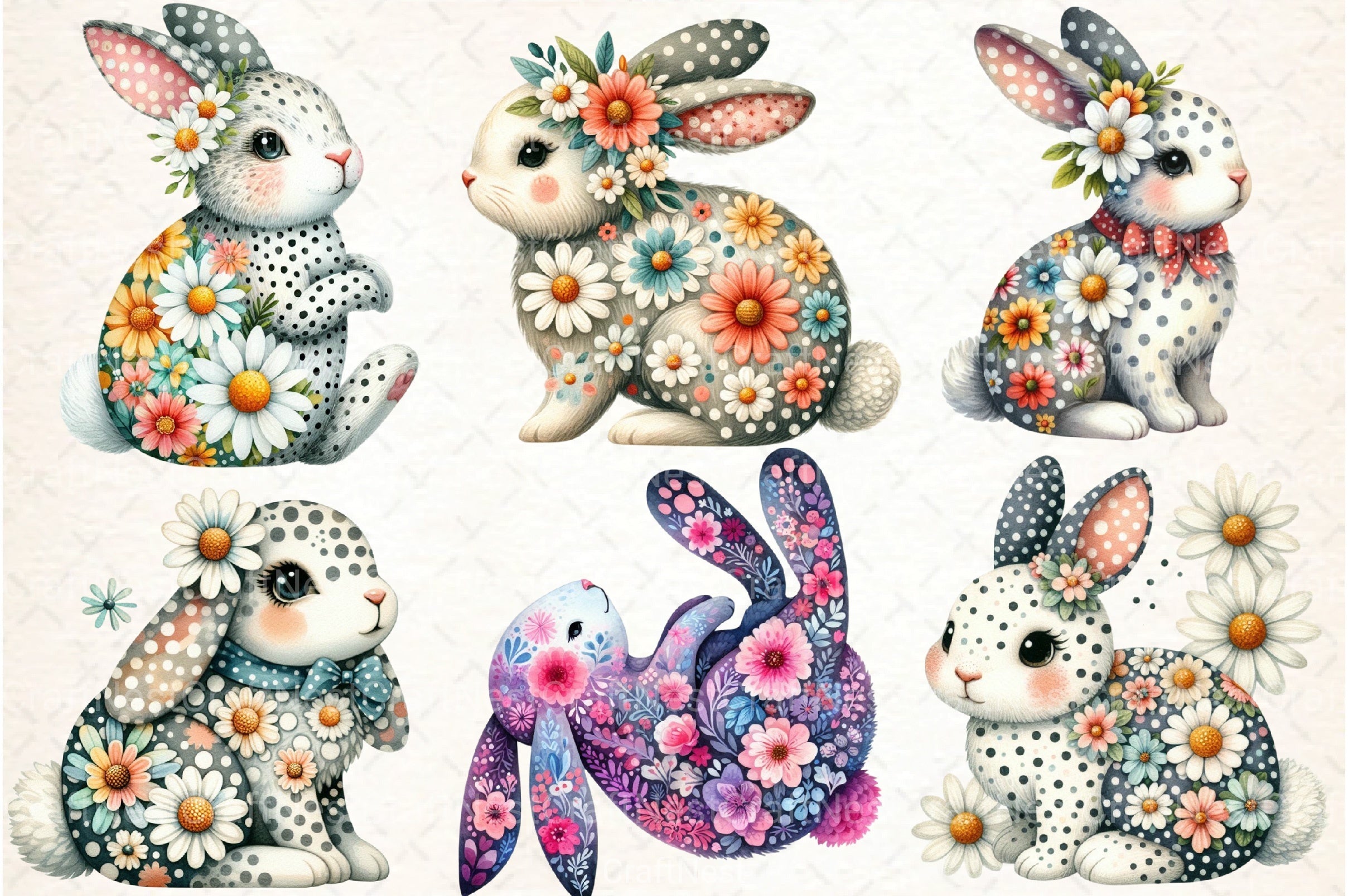 Retro Floral Easter Bunny Clipart Bundle - CraftNest - Digital Crafting and Art