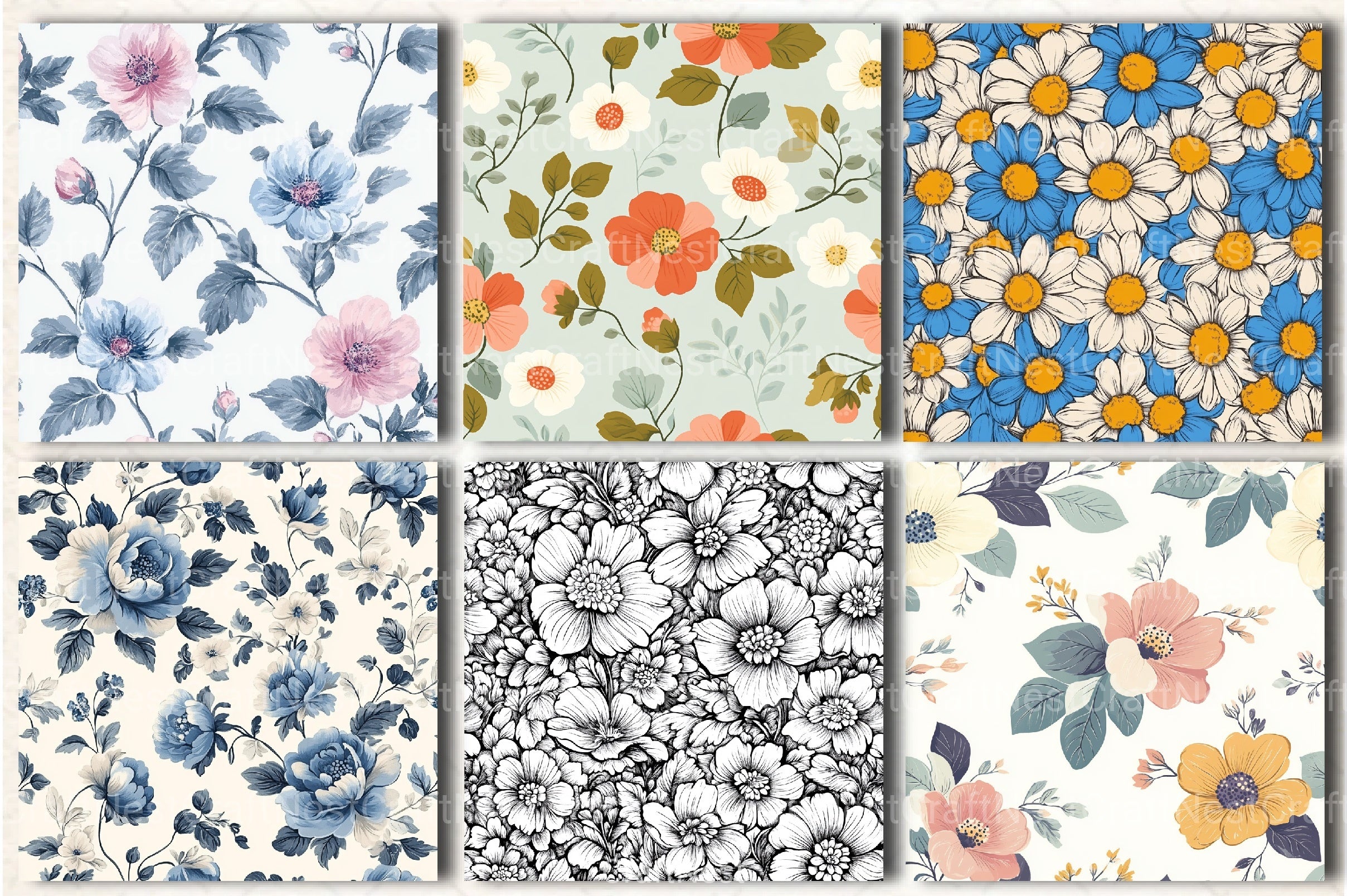 Shabby Chic Flowers Seamless Patterns Digital Paper - CraftNest - Digital Crafting and Art