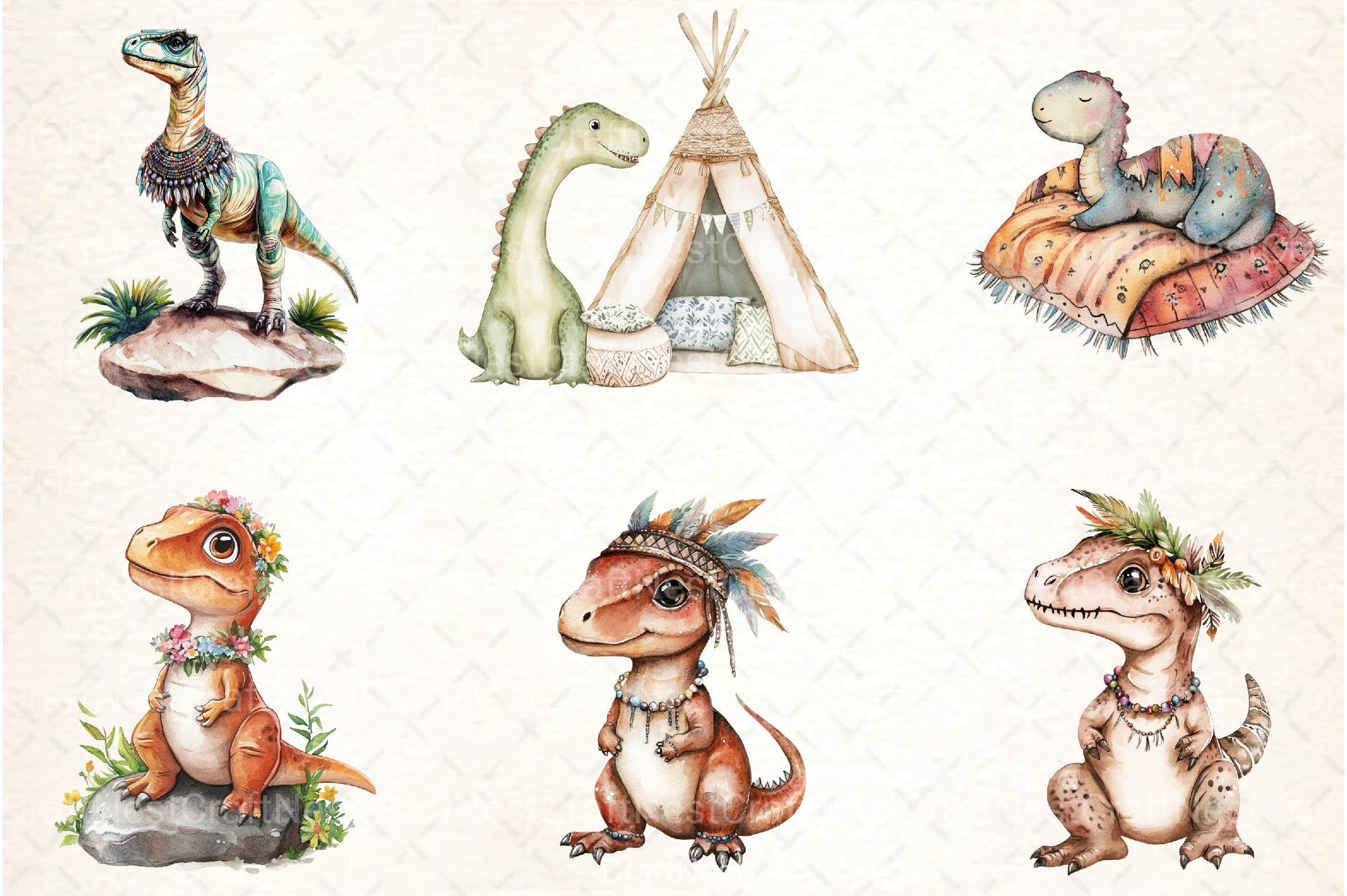 Dinosaurs Boho Clipart Bundle - CraftNest - Digital Crafting and Art