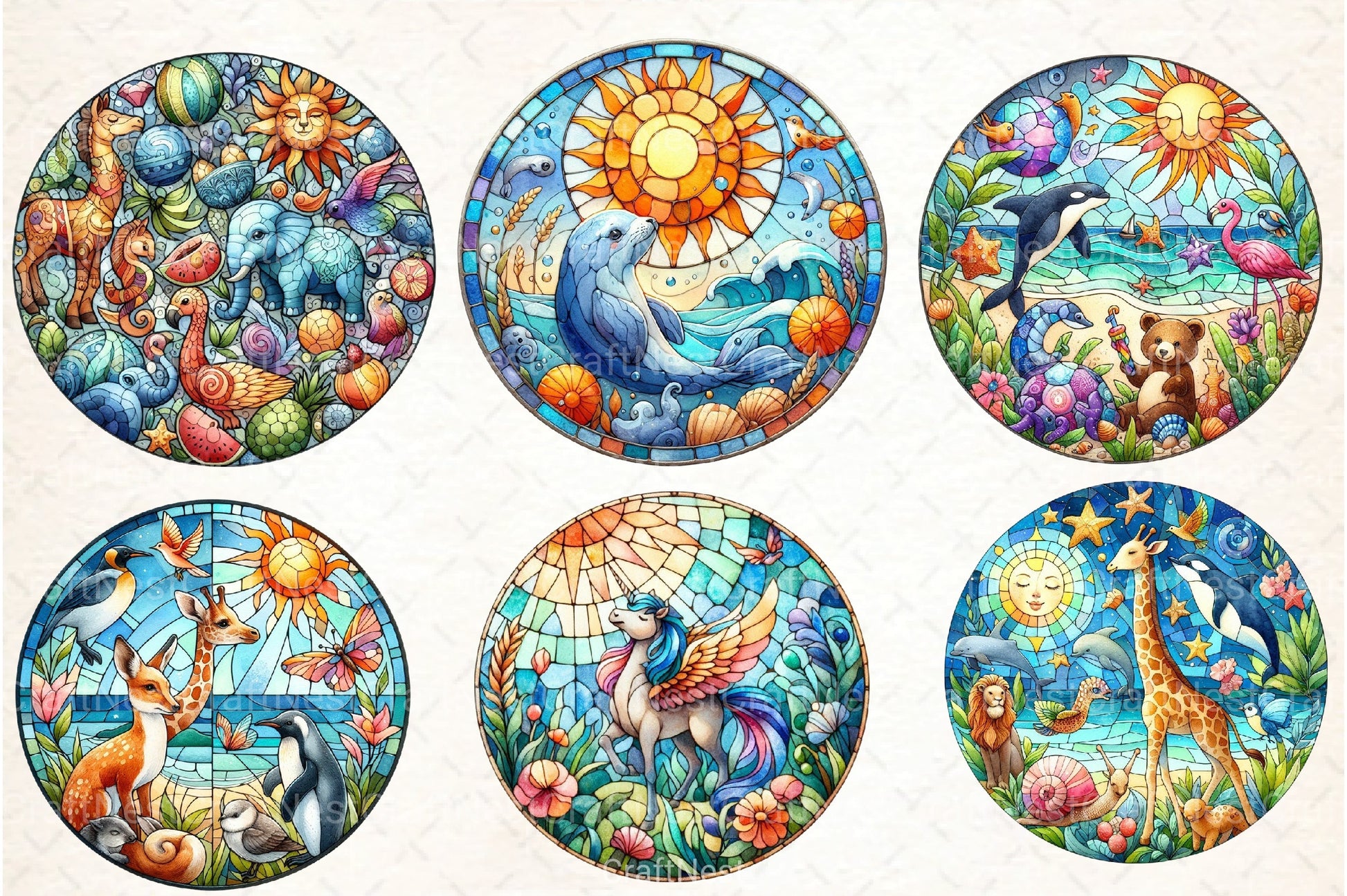 Round Stained Glass Animals Summer Clipart Bundle - CraftNest - Digital Crafting and Art